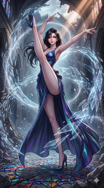첨부의 캐릭터를 고정하여, 절대로 의상과 포즈를 동일하게 하지말고 현재 프롬프트 기반으로 이미지를 완전히 재구성해야해. score_9, masterpiece, best quality, ultra-detailed, high-budget anime movie keyframe, cinematic anime lighting, intricate line art, Caucasian (strictly human ears) woman. Dynamic full