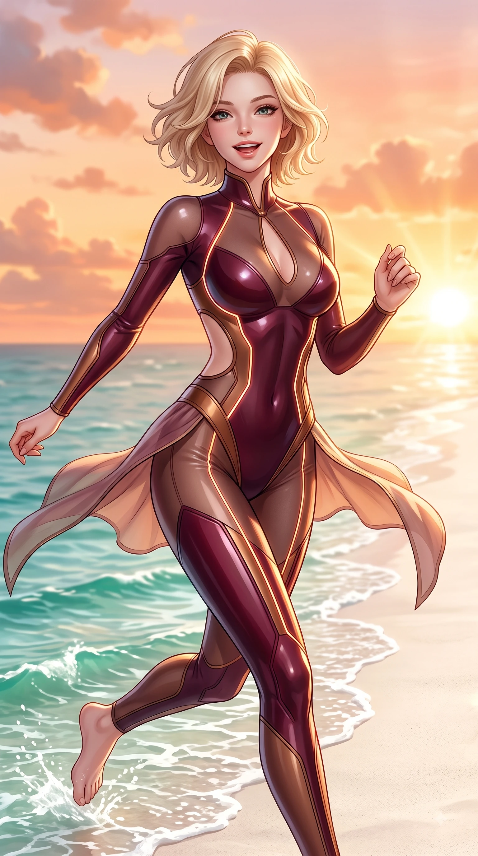 score_9, masterpiece, best quality, ultra-detailed, high-budget anime keyframe, editorial fashion photography, tasteful artistic composition, Caucasian woman. close-up cowboy shot from the waist and thighs up, the character dominates the composition, filling the frame with her large presence, background elements kept in soft focus. Cheerful beaming smile with parted lips, exuding pure enchanting charm while turning dynamically toward the camera while running playfully along a white sand beach as clear emerald ocean waves lap at her feet, warm tropical sea breeze fluttering lightweight linen garments in fluid joyful motions. She has an exceptionally elegant, slender, and willowy female figure with an ultra-slim waist, a gracefully sculpted slender torso, and a refined silhouette. sharp v-shaped jawline, high-bridge nose, intricate jewel-like eyes with depth, thick eyelashes, glossy lips with a natural sheen, flawlessly proportioned anatomical accuracy, natural body alignment, perfectly sculpted elegant limbs, clean dynamic posture without body distortion. wearing a skin-tight cybernetic bodysuit with glowing neon seams and side cutouts in deep burgundy and bronze, woven from fine semi-opaque sheer organza, accented with a Tasteful chest slit framing her clavicle gracefully, the tailored fabric tightly following every curve of her athletic build. illuminated by a glorious golden hour sunburst painting the clouds in joyful peach and amber. ultra-reflective glossy finish, specular highlights, metallic sheen, high-contrast stereoscopic depth, volumetric dynamic lighting, 2k, ultra detail, master piece, 9:16 ratio
