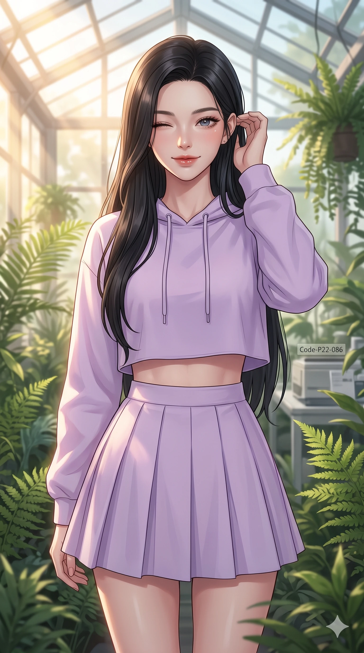 score_9, masterpiece, best quality, ultra-detailed, high-budget anime keyframe, vibrant anime aesthetic, Korean woman. close-up cowboy shot from the waist and thighs up, the character dominates the composition, filling the frame with her large presence, background elements kept in soft focus. She is smiling delightfully while tucking a lock of hair behind her ear, gazing at the camera with sparkling eyes standing amidst vibrant green ferns. inside a sunny greenhouse laboratory filled with rare botanical specimens and golden volumetric sunbeams (Code-P22-086). She has an absolutely perfect proportion, an exceptionally elegant and slender female figure with an ultra-slim waist. V-shaped jawline, high-bridge nose, intricate jewel-like eyes with depth, thick eyelashes, glossy lips with a natural sheen. wearing a cropped hoodie paired with a high-waisted pleated tennis skirt in pastel lavender. She is bathed in soft, glowing golden hour sun casting long, elegant shadows, highlighting her winking face and glossy lips inside the glass pavilion. 2k, ultra detail, master piece, 9:16 ratio