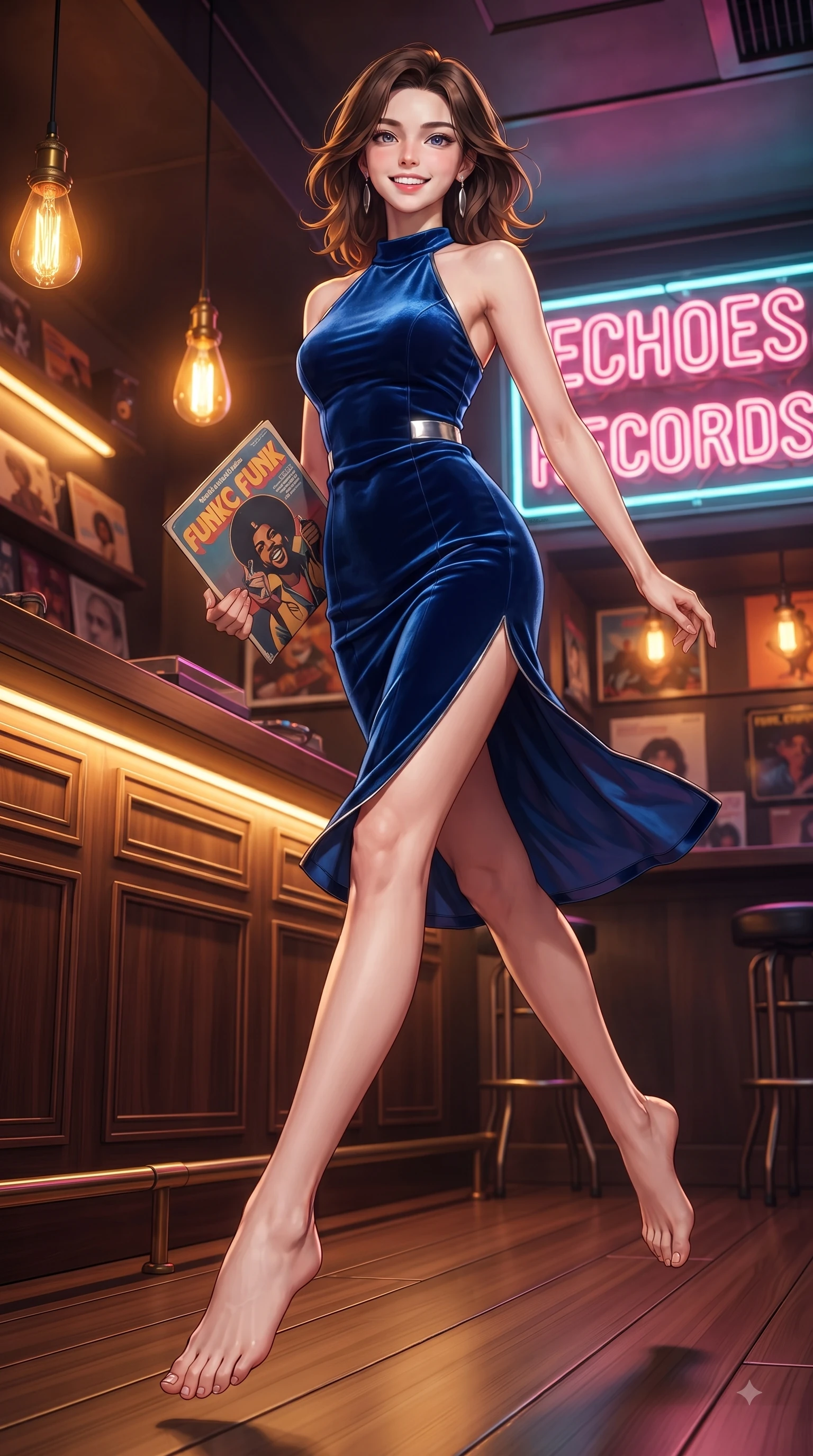 score_9, masterpiece, best quality, ultra-detailed, high-budget anime keyframe, editorial fashion photography, tasteful artistic composition, Korean woman. low angle full-body shot from head to toe showing her feet, filling the entire 9:16 vertical frame with her statuesque presence, stretching her vertical silhouette. leaping with pure youthful energy through the scene with a radiant bright smile, her long slender legs balanced gracefully while pivoting dynamically near a neon music sign while holding a vintage record sleeve. The surrounding environment is rendered in vivid detail and crisp panoramic clarity. warm amber Edison bulb lamps, neon signage, and polished wood textures in deep focus. She has an absolutely perfect, statuesque 8.5-heads proportion, an exceptionally tall and slender model-like female figure with impossibly long slender legs and an ultra-slim waist. sharp v-shaped jawline, high-bridge nose, intricate jewel-like eyes with depth, thick eyelashes, glossy lips with a natural sheen, flawlessly proportioned anatomical accuracy, natural body alignment, perfectly sculpted elegant limbs, clean dynamic posture without body distortion. wearing a velvet halter-neck midi dress fitting her statuesque contour flawlessly in deep royal blue and polished silver accent, tailored from fine wool crepe with clean lines, featuring a sleek side leg slit ascending to mid-thigh, the tailored fabric tightly following every curve of her athletic build. bathed in warm golden amber lamp glow and retro neon rim light. ultra-reflective glossy finish, specular highlights, metallic sheen, high-contrast stereoscopic depth, volumetric dynamic lighting, 2k, ultra detail, master piece, 9:16 ratio