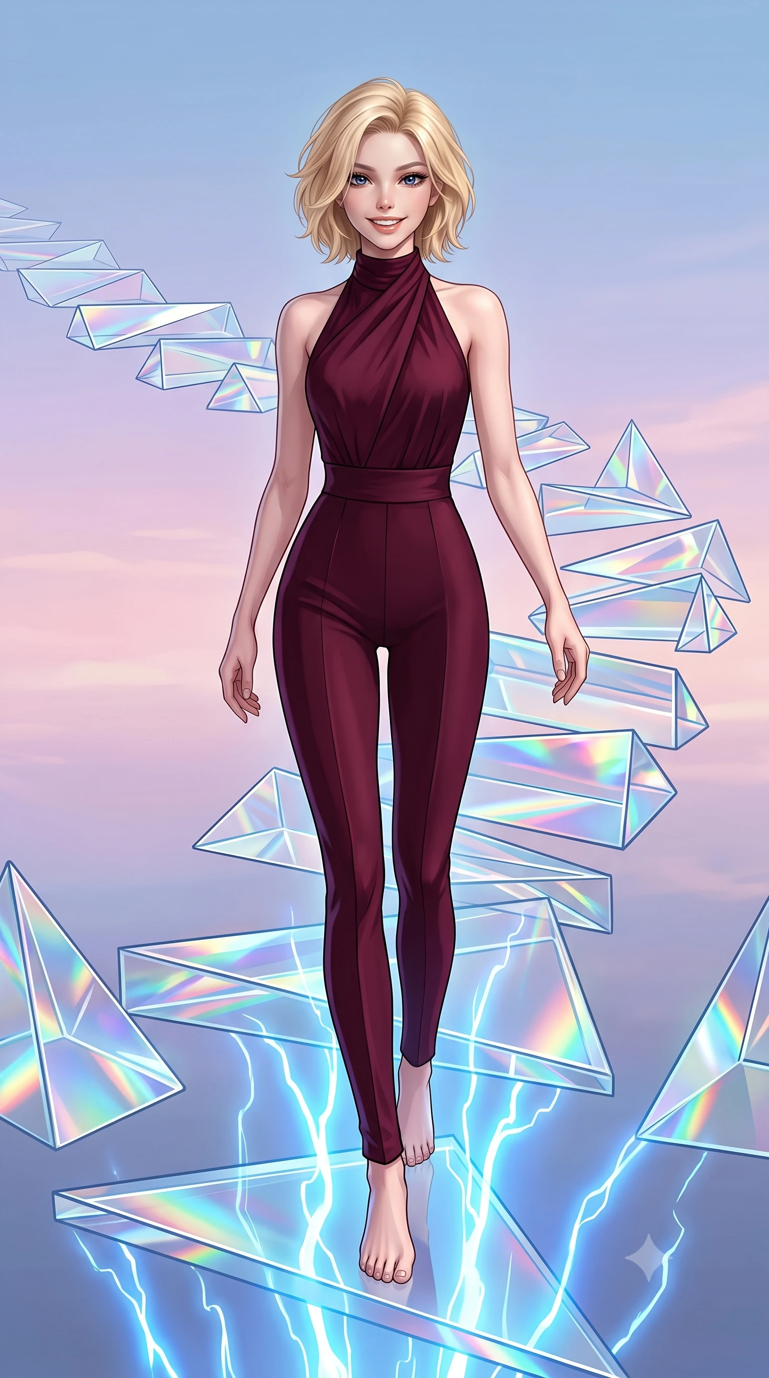 score_9, masterpiece, best quality, ultra-detailed, high-budget anime keyframe, editorial fashion photography, tasteful artistic composition, Caucasian woman, strictly human ears. low angle full-body shot from head to toe showing her feet, filling the entire 9:16 vertical frame with her statuesque presence, stretching her vertical silhouette. threading her way with a cheerful, optimistic expression through on a pathway made of solid triangular glass prisms floating in a pastel sky, bending all light that passes through it. She has a statuesque 8.5-heads proportion, an exceptionally tall, slender and willowy model-like build with impossibly long legs and a highly sculpted ultra-slim waist. sharp v-shaped jawline, high-bridge nose, intricate jewel-like eyes with depth, thick eyelashes, glossy lips with a natural sheen. wearing a precision-tailored jumpsuit in deep burgundy with a high wrap-front neck, highlighting her slim waist and long legs. pulsing electric blue plasma arc lighting rising dramatically from below. 2k, ultra detail, master piece, 9:16 ratio