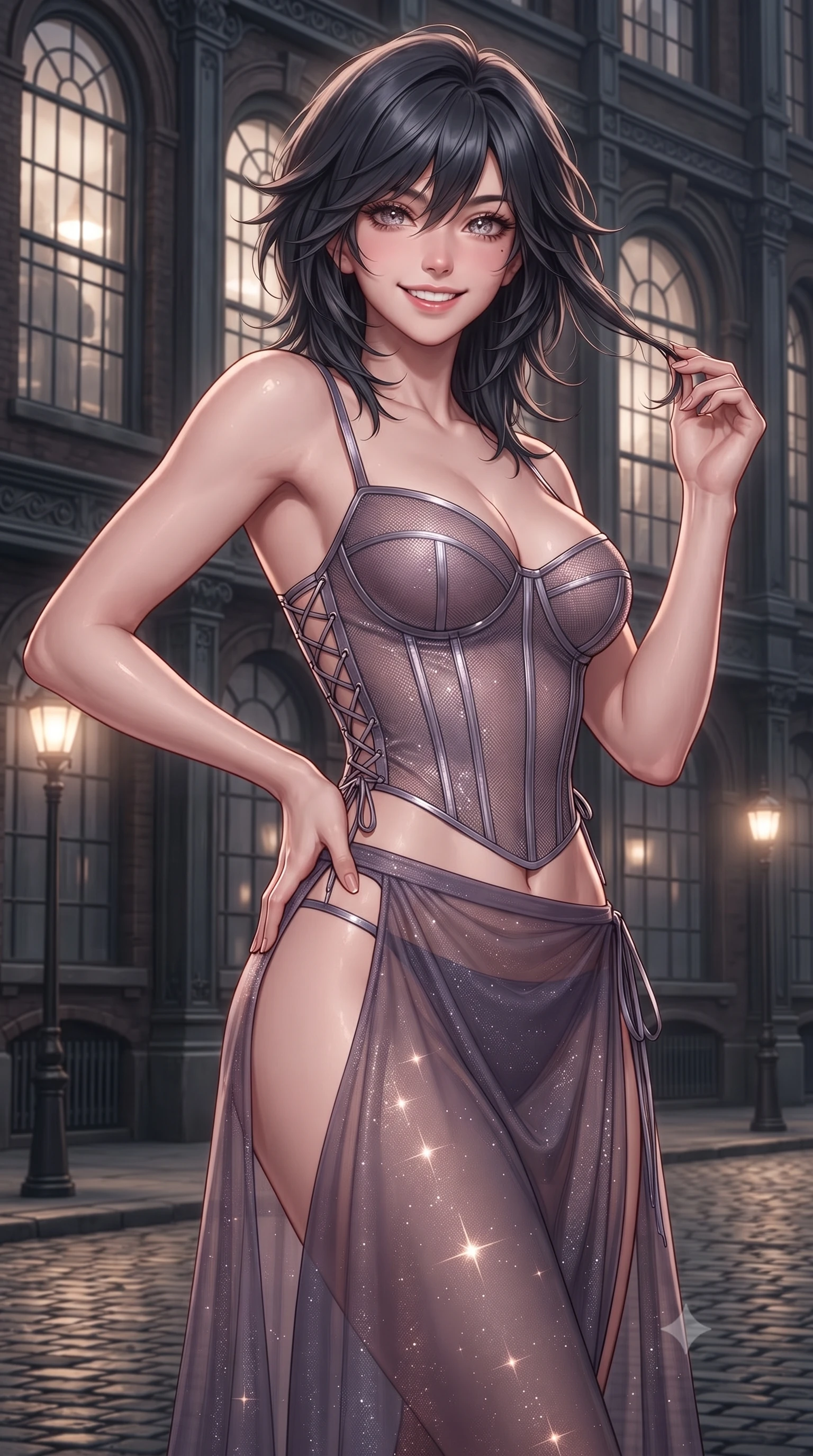 score_9, masterpiece, best quality, ultra-detailed, high-budget anime keyframe, editorial fashion photography, tasteful artistic composition, Caucasian woman. close-up cowboy shot from the waist and thighs up, the character dominates the composition, filling the frame with her large presence. twisting her slender torso in an alluring contrapposto stance, one hand resting on her sculpted hip while her fingers toy with her hair with effortless poise while twisting her slender torso in an alluring S-curve beside the tall arched factory sash windows, cobblestone streetlights tracing her narrow waist and hips. The surrounding environment is rendered in vivid detail and crisp panoramic clarity: detailed backless sheer illusion halter catsuit geometric panels, velvet piping, and industrial cast-iron architectural relief in high resolution. She has an exceptionally elegant, slender, and willowy female figure with an ultra-slim waist, flat toned midriff, narrow ribcage, and sculpted feminine hips creating an alluring, slim hourglass silhouette without bulk. sharp v-shaped jawline, high-bridge nose, intricate jewel-like sparkling eyes with depth, thick eyelashes, glossy parted lips with a natural peach sheen, bright cheerful beaming smile with an enchanting and coquettish sensual glint, exuding both youthful cute charm and seductive allure, flawlessly proportioned anatomical accuracy, strict slender model proportions, natural body alignment, perfectly sculpted long slender limbs, ultra-slim waistline, clean dynamic posture without body distortion. wearing a provocative translucent mesh corset bodice with boned satin channels paired with a sheer chiffon wrap maxi skirt in dusky lavender noir and liquid silver chrome, woven from stretch metallic lurex jersey casting radiant starlight glints across her curves, featuring fine criss-cross lace-up side ties revealing tantalizing glimpses of her hip curve, the precision-cut side openings and low-back scoop framing her graceful spine and the sensual sweep of her slim, toned hips. illuminated by polished copper reflection fill and warm copper-gold rim lights defining her razor-sharp jawline, narrow waist, and curvy hips. ultra-reflective glossy finish, specular highlights, rich textural contrasts, high-contrast stereoscopic depth, volumetric dynamic lighting, 2k, ultra detail, master piece, 9:16 ratio