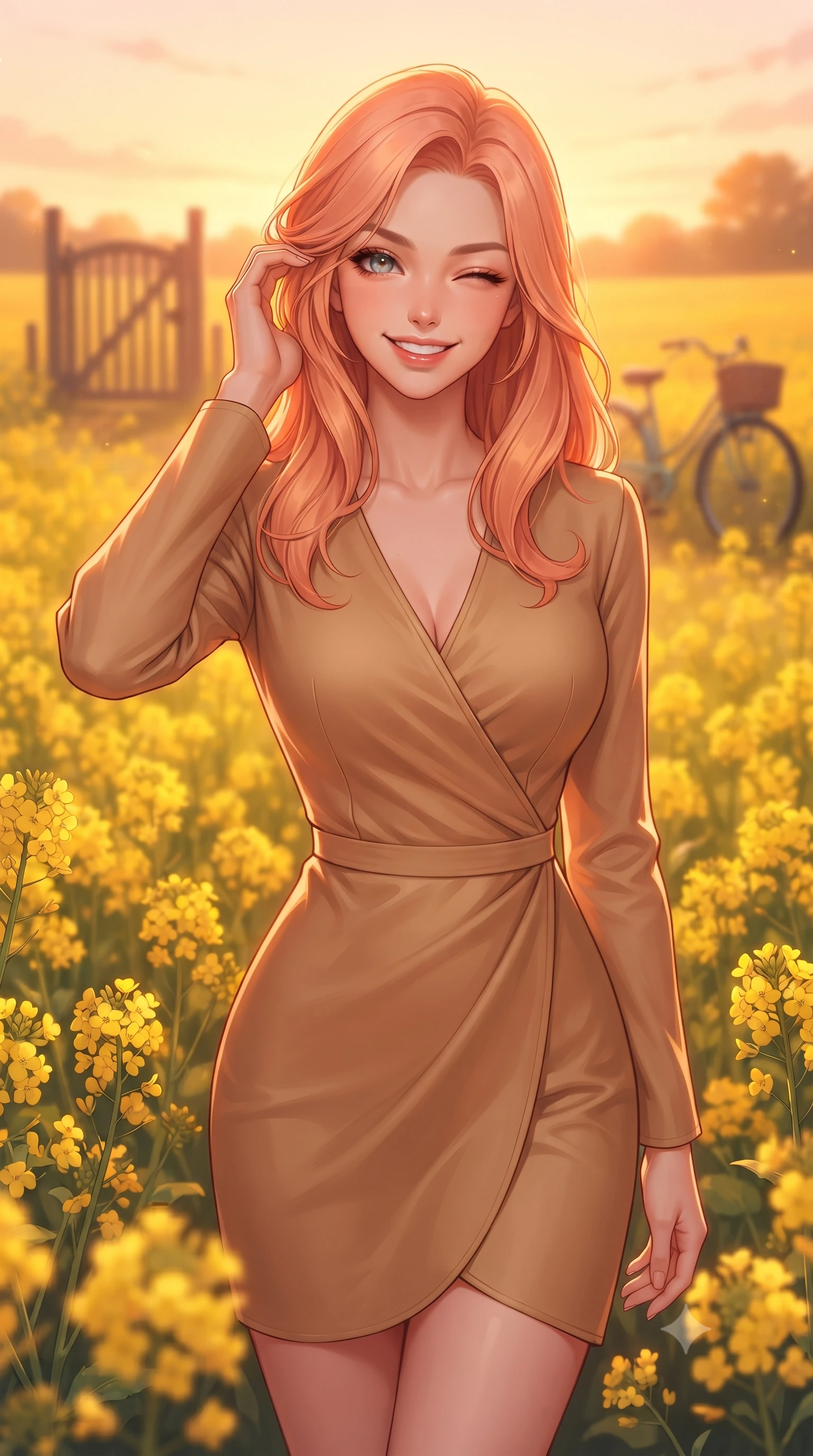 score_9, masterpiece, best quality, ultra-detailed, high-budget anime keyframe, editorial fashion photography, tasteful artistic composition, Japanese woman. close-up cowboy shot from the waist and thighs up, the character dominates the composition, filling the frame with her large presence, background elements kept in soft focus. smiling brightly with a cheerful expression, winking playfully at the viewer set against a soft-focus background of in a vast field of bright yellow canola flowers under a clear blue sky with a wooden garden gate and a vintage bicycle in the background. She has an exceptionally elegant, slender, and willowy female figure with an ultra-slim waist, a gracefully sculpted slender torso, and a refined silhouette. sharp v-shaped jawline, high-bridge nose, intricate jewel-like eyes with depth, thick eyelashes, glossy lips with a natural sheen. wearing tailored form-contouring silk wrap dress in camel, outlining her slender waist. golden hour sunset light casting a warm, romantic orange glow over the field. highly saturated vibrant anime colors, detailed shading with soft gradients, rich glossy textures, high-contrast stereoscopic depth, volumetric dynamic lighting, master piece, 9:16 ratio