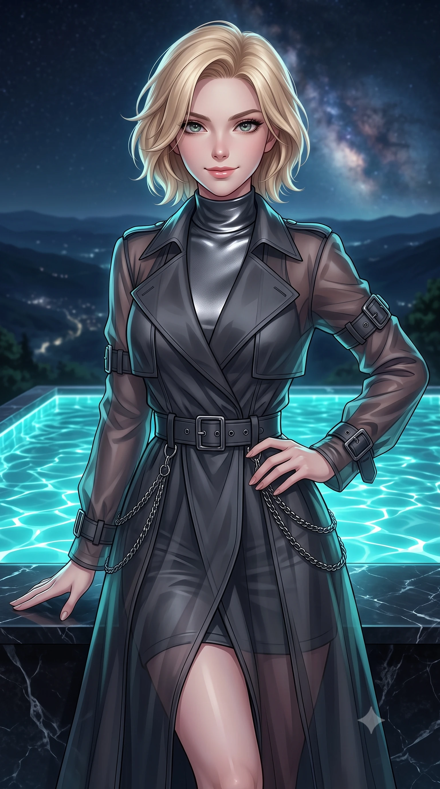 score_9, masterpiece, best quality, ultra-detailed, high-budget anime keyframe, editorial fashion photography, tasteful artistic composition, Caucasian woman. close-up cowboy shot from the waist and thighs up, the character dominates the composition, filling the frame with her large presence, background elements kept in soft focus. Smiling with quiet, magnetic self-assurance directly into the camera, poised at the edge of a dark marble infinity pool overlooking a starry valley, magnetic composed gaze directly into the camera with effortless confidence. She has an exceptionally elegant, slender, and willowy female figure with an ultra-slim waist, a gracefully sculpted slender torso, and a refined silhouette. sharp v-shaped jawline, high-bridge nose, intricate jewel-like eyes with depth, thick eyelashes, glossy lips with a natural sheen. wearing structured charcoal trench dress over sleek turtleneck in metallic dark silver, made of sheer dark organza overlay, framed by dark titanium buckles and silver chain details, following her slender form with tailored precision. surrounded by a moody nocturnal ambiance with glowing aqua water highlights. highly saturated vibrant anime colors, detailed shading with soft gradients, rich glossy textures, high-contrast stereoscopic depth, volumetric dynamic lighting, master piece, 9:16 ratio