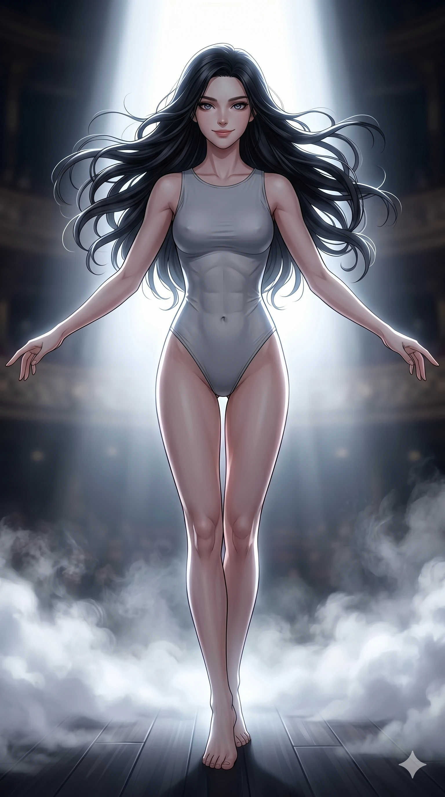 score_9, score_8_up, score_7_up, source_anime, masterpiece, best quality, ultra-detailed, same character with long flowing black hair, wearing the same outfit, full body shot at the end of a performance, final pose with stage fog swirling around her feet, elegant and charismatic posture, bright white backlight, 2k, 9:16 ratio