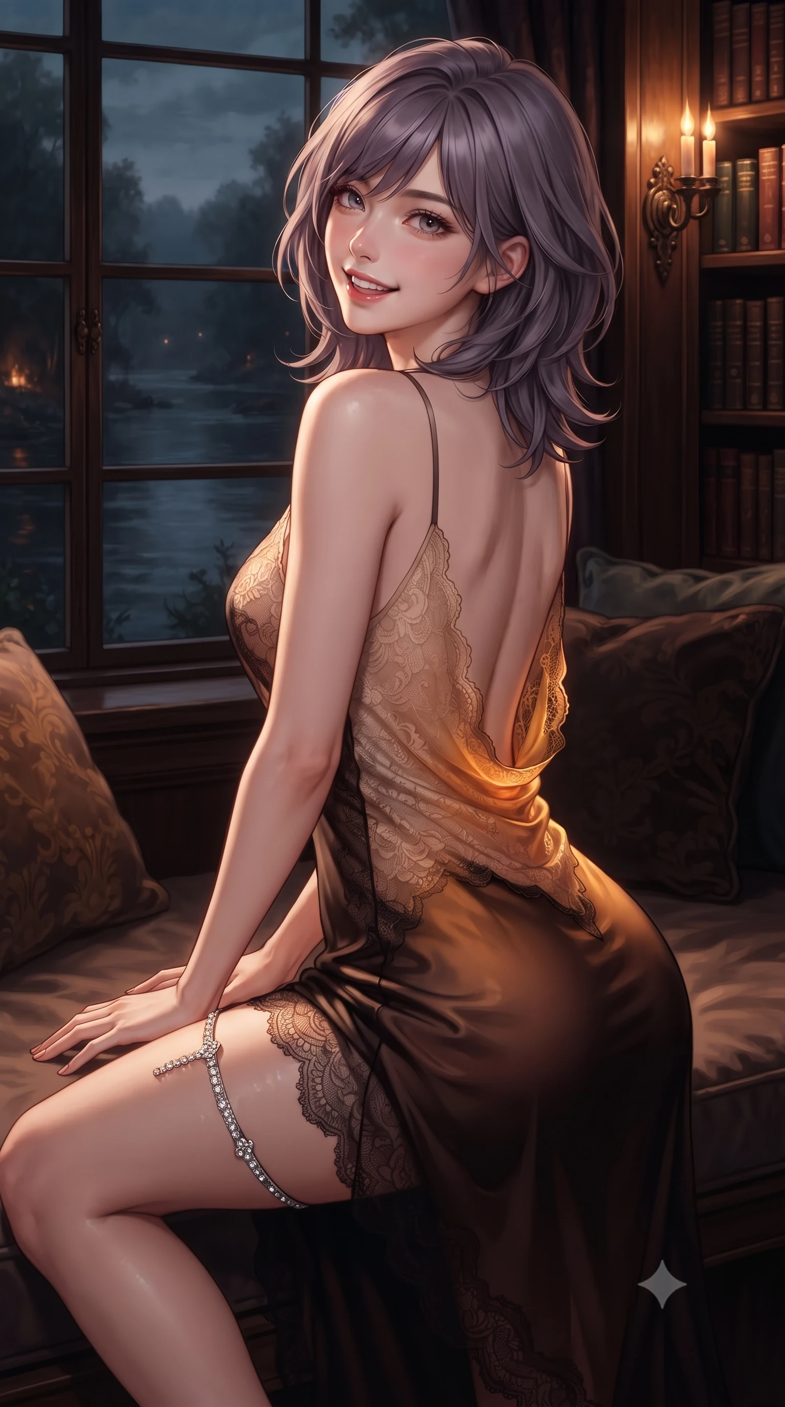 score_9, masterpiece, best quality, ultra-detailed, high-budget anime keyframe, editorial fashion photography, tasteful artistic composition, Japanese woman. close-up cowboy shot from the waist and thighs up, the character dominates the composition, filling the frame with her large presence. posing in an alluring rear three-quarter angle, looking over a bare shoulder with parted glossy lips, her hips cocked back to highlight her slim hourglass curve while curled gracefully on the oversized velvet window banquette overlooking the dark river, turning with an alluring, coquettish smile. The surrounding environment is rendered in vivid detail and crisp panoramic clarity: sharp carved oak bookcase tracery, wrought-iron spiral baluster curves, and hand-knotted wool rug weave in deep focus. She has an exceptionally elegant, slender, and willowy female figure with an ultra-slim waist, flat toned midriff, narrow ribcage, and sculpted feminine hips creating an alluring, slim hourglass silhouette without bulk. sharp v-shaped jawline, high-bridge nose, intricate jewel-like sparkling eyes with depth, thick eyelashes, glossy parted lips with a natural peach sheen, bright cheerful beaming smile with an enchanting and coquettish sensual glint, exuding both youthful cute charm and seductive allure, flawlessly proportioned anatomical accuracy, strict slender model proportions, natural body alignment, perfectly sculpted long slender limbs, ultra-slim waistline, clean dynamic posture without body distortion. wearing a delicate semi-sheer Chantilly lace slip dress with scalloped eyelash edges and an open cowl back in Hannam-dong glowing amber and rich dark espresso, crafted from fluid liquid silk satin that clings smoothly to her narrow waist and rounded hips with a dewy sheen, finished with delicate crystal-encrusted thigh garter straps glinting in the dim light, the form-contouring silhouette accentuating her sculpted flat midriff, narrow delicate ribcage, and gracefully curvy hips with intoxicating allure. bathed in the rich chiaroscuro glow of natural dancing hearth firelight and warm library reading sconces. ultra-reflective glossy finish, specular highlights, rich textural contrasts, high-contrast stereoscopic depth, volumetric dynamic lighting, 2k, ultra detail, master piece, 9:16 ratio