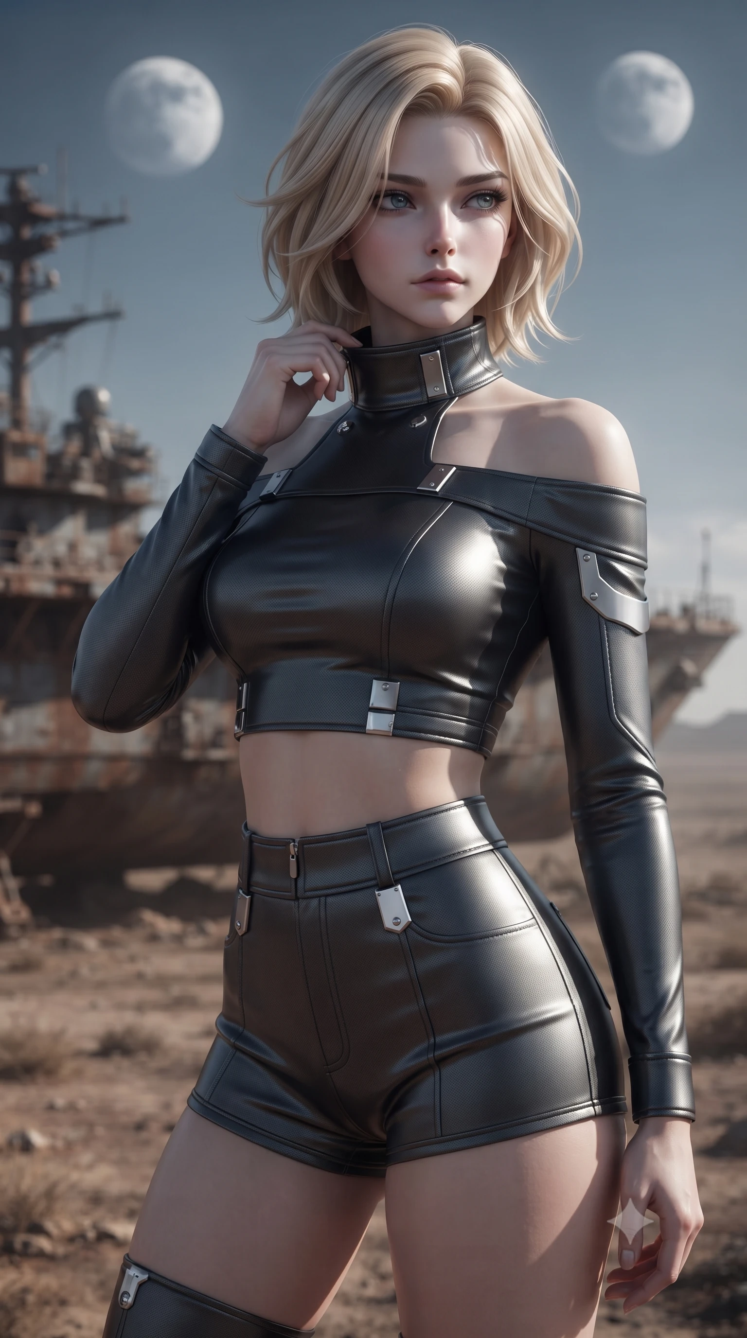 score_9, masterpiece, best quality, ultra-detailed, high-budget anime keyframe, editorial fashion photography, tasteful artistic composition, Caucasian woman. close-up cowboy shot from the waist and thighs up, the character dominates the composition, filling the frame with her large presence, background elements kept in soft focus. adjusting the high collar of her body-hugging suit, looking past the camera with quiet, sharp focus and a composed expression, the background shows a soft-focus a rusted battleship deck parked on a dry dusty plain under two moons. She has an exceptionally elegant, slender, and willowy female figure with an ultra-slim waist, a gracefully sculpted slender torso, and a refined silhouette. sharp v-shaped jawline, high-bridge nose, intricate jewel-like eyes with depth, thick eyelashes, glossy lips with a natural sheen. wearing a tailored chic off-shoulder carbon-plate crop top, paired with high-waisted utility micro-shorts. cool silver moonlight casting high-contrast chiaroscuro shadows on her gear. ultra-reflective glossy finish, specular highlights, metallic sheen, high-contrast stereoscopic depth, volumetric dynamic lighting, 2k, ultra detail, master piece, 9:16 ratio