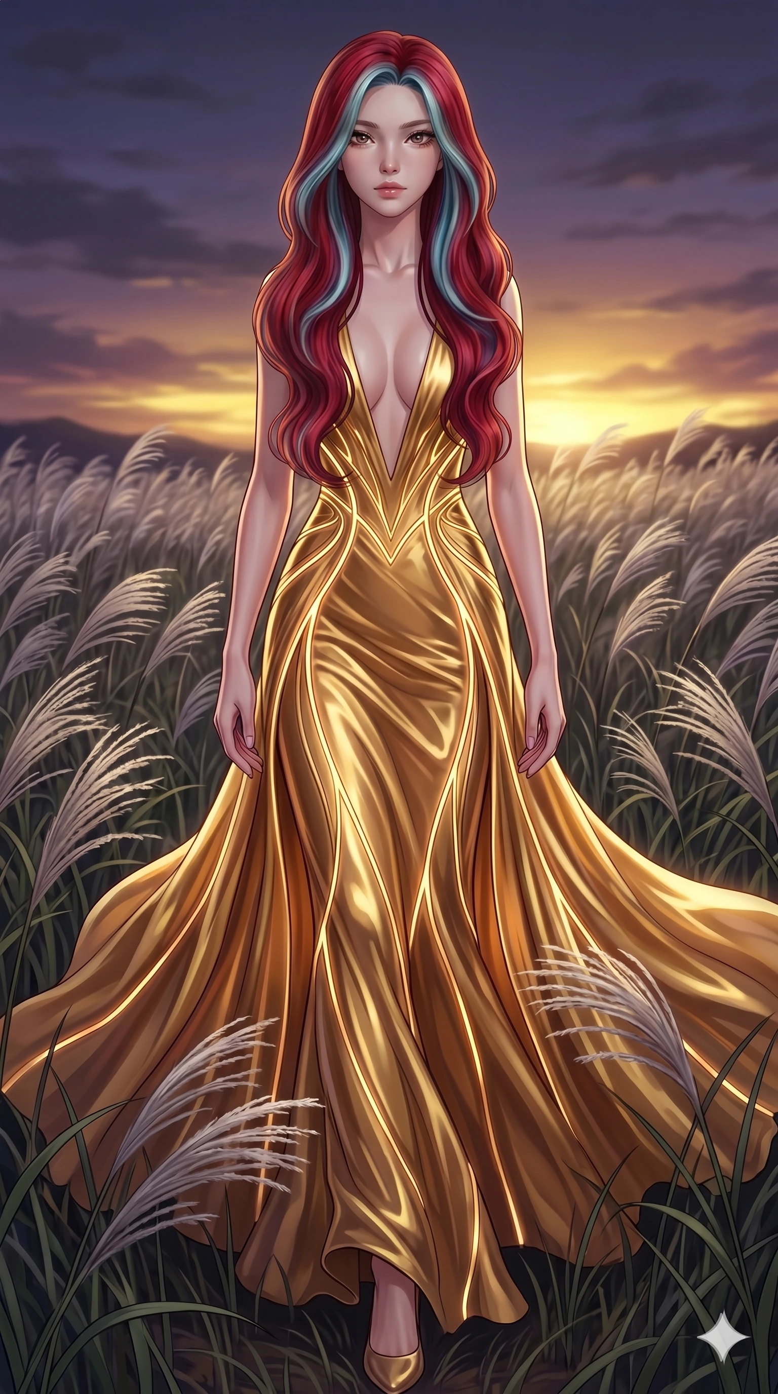 score_9, masterpiece, best quality, ultra-detailed, High-budget Anime Keyframe, East Asian woman. Dynamic full-body shot stretching the vertical silhouette to the limit. Scenario 128: Walking through a field of tall silver grass at twilight. Her presence is magnetic and overpowering in this high-budget anime scene. Outfit 128: A molten liquid silk gold with a plunging V-neckline and glowing LED seams. The clothing is designed to emphasize her exceptionally tall and slender 8-heads proportion. 8-heads proportion, towering silhouette, ultra-slim waist. sharp v-shaped jawline, intricate jewel-like eyes with depth, thick eyelashes, glossy lips. 2k, ultra detail, master piece, 9:16 ratio