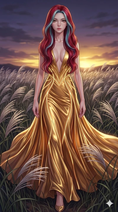 score_9, masterpiece, best quality, ultra-detailed, High-budget Anime Keyframe, East Asian woman. Dynamic full-body shot stretching the vertical silhouette to the limit. Scenario 128: Walking through a field of tall silver grass at twilight. Her pres