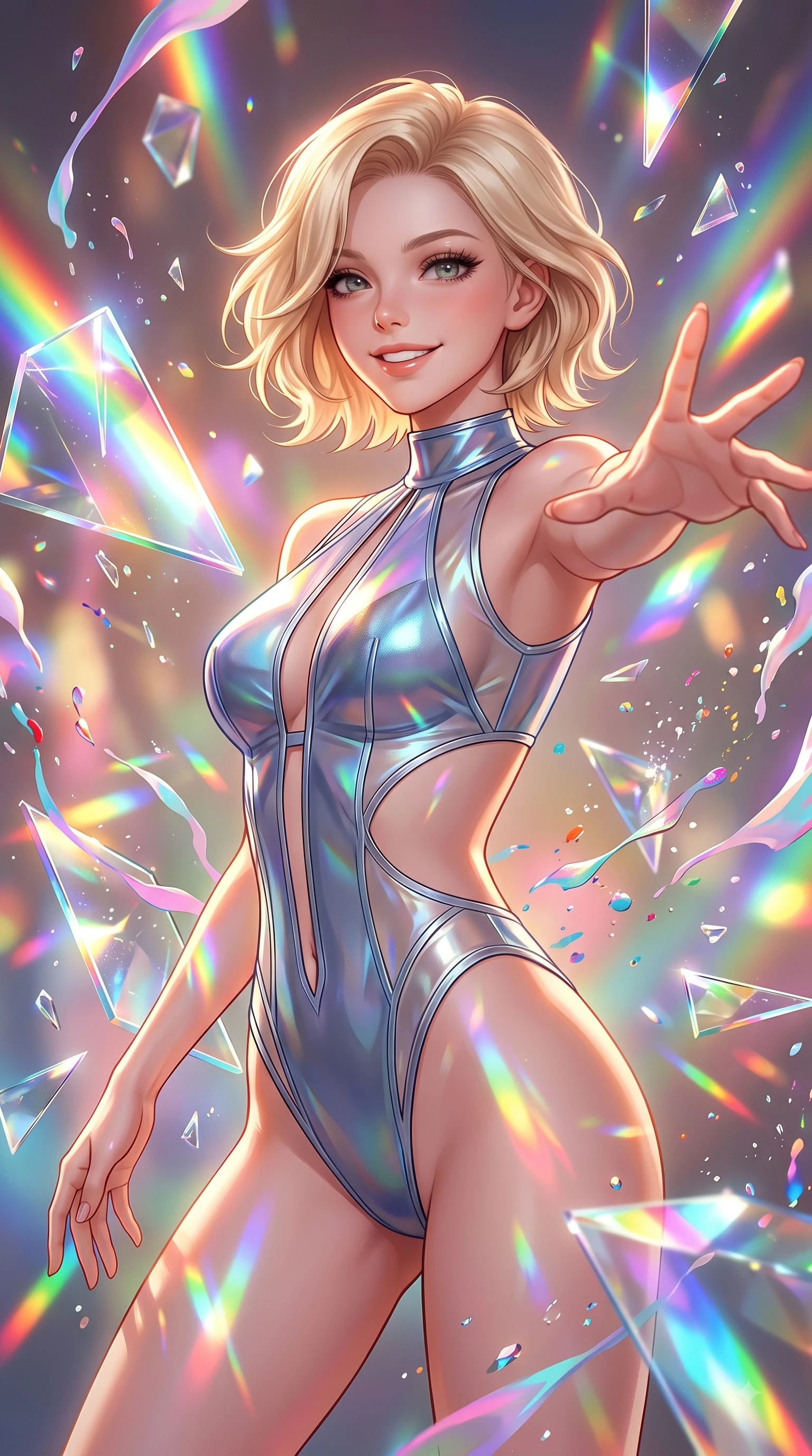 score_9, masterpiece, best quality, ultra-detailed, high-budget anime keyframe, editorial fashion photography, tasteful artistic composition, Caucasian woman. close-up cowboy shot from the waist and thighs up, the character dominates the composition, filling the frame with her large presence, background elements kept in soft focus. Warm delightful smile while casting a playful, joyful side-gaze with heavy lashes and a glowing expression while reaching her hand forward with a cheerful smile as shattered mirror prisms scatter rainbow beams, vibrant ribbons of opal paint and color splashes frozen in mid-air around her figure. She has an exceptionally elegant, slender, and willowy female figure with an ultra-slim waist, a gracefully sculpted slender torso, and a refined silhouette. sharp v-shaped jawline, high-bridge nose, intricate jewel-like eyes with depth, thick eyelashes, glossy lips with a natural sheen, flawlessly proportioned anatomical accuracy, natural body alignment, perfectly sculpted elegant limbs, clean dynamic posture without body distortion. wearing a high-cut translucent vinyl leotard with front paneling and open back in slate blue and metallic silver, crafted from iridescent chiffon that shifts colors in the light, featuring clean architectural cutouts along her slender torso, the elegant draped fit framing her graceful clavicle and slender torso. illuminated by brilliant multi-color rainbow light refracting through glass prisms. highly saturated vibrant anime colors, detailed shading with soft gradients, rich glossy textures, high-contrast stereoscopic depth, volumetric dynamic lighting, master piece, 9:16 ratio