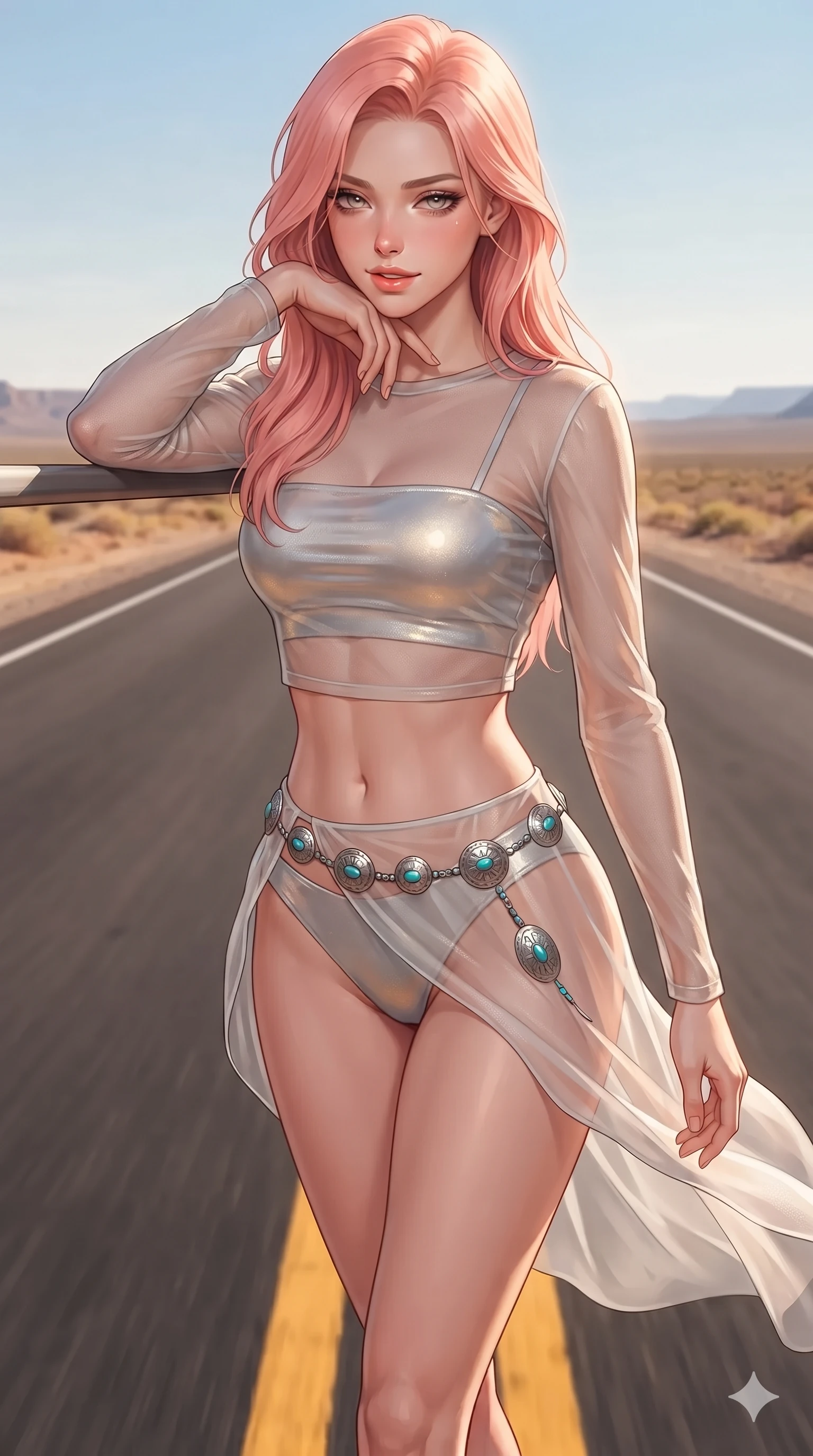 score_9, masterpiece, best quality, ultra-detailed, high-budget anime keyframe, editorial fashion photography, tasteful artistic composition, Japanese woman. close-up cowboy shot from the waist and thighs up, the character dominates the composition, filling the frame with her large presence. resting one elbow on the workbench and supporting her chin, leaning close to the camera with heavy-lidded sparkling eyes and parted lips while striding confidently down the center yellow stripe of the endless desert highway, looking back over her shoulder with an air of effortless grace and an alluring, smoldering smile. The surrounding environment is rendered in vivid detail and crisp panoramic clarity: detailed wet-look neoprene surfing bodysuit tailoring, racing side stripes, and iconic desert highway in razor-sharp precision. She has an exceptionally elegant, slender, and willowy female figure with an ultra-slim waist, flat toned midriff, narrow ribcage, and sculpted feminine hips creating an alluring, slim hourglass silhouette without bulk. sharp v-shaped jawline, high-bridge nose, sparkling eyes with hypnotic seductive depth, thick curled eyelashes, glossy parted lips with a natural dewy peach sheen, alluring bedroom-eyes with an enchanting coquettish smile, exuding magnetic siren charisma and sophisticated glamour, flawlessly proportioned anatomical accuracy, strict slender model proportions, natural body alignment, perfectly sculpted long slender limbs, ultra-slim waistline, clean dynamic posture without body distortion. wearing a sheer gossamer mesh long-sleeve rashguard crop top layered over an opaque strappy bandeau and low-waisted briefs in shimmering silver mercury and sunlit pearl, made of sheer gossamer chiffon that drapes softly against skin with airy translucence, accented with authentic engraved silver concho medallions and turquoise cabochons, the liquid-tight tailored fabric clinging flawlessly to her narrow waist and rounded feminine hips, emphasizing every millimeter of her sculpted slim hourglass curves without any bulky heaviness. illuminated by black asphalt heat bounce and sharp copper-gold rim lights defining her razor-sharp jawline, narrow waist, and curvy hips. ultra-reflective glossy finish, specular highlights, rich textural contrasts, high-contrast stereoscopic depth, volumetric dynamic lighting, 2k, ultra detail, master piece, 9:16 ratio