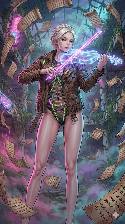 score_9, masterpiece, best quality, ultra-detailed, Set A: High-budget Anime Keyframe, Japanese woman. Low angle cowboy shot filling the entire 9:16 frame with her statuesque presence. Theme: Ethereal Dream. playing a holographic violin in a ruined o