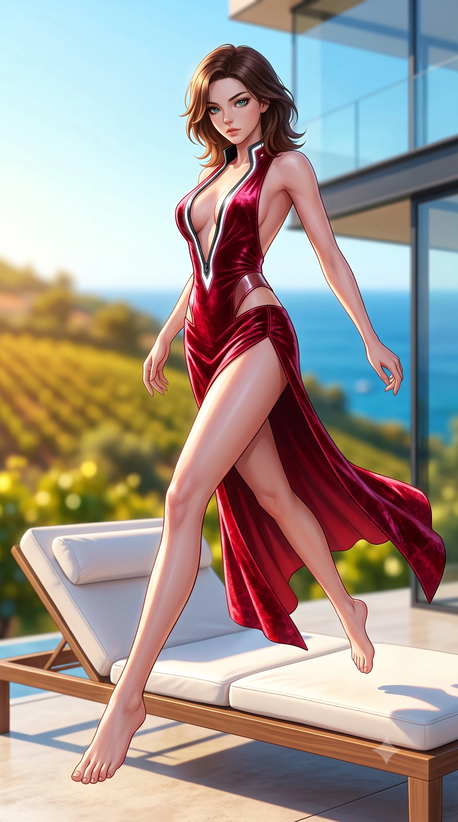 score_9, masterpiece, best quality, ultra-detailed, high-budget anime keyframe, semi-realistic 3D game render, editorial fashion photography, tasteful artistic composition, Korean woman. low angle full-body shot from head to toe showing her feet, filling the entire 9:16 vertical frame with her statuesque presence, stretching her vertical silhouette. leaping through mid-air with an athletic yet alluring arch of her spine, her impossibly long slender legs stretched in flawless poise while lounging gracefully on a custom white leather sunbed on the terrace of a modern glass villa overlooking hillside vineyards. The composition keeps background elements in soft focus with creamy bokeh. golden hillside vineyards and deep blue Riviera waters blurred into warm, sun-drenched green and azure bokeh. She has an absolutely perfect, statuesque 8.5-heads proportion, an exceptionally tall and slender model-like female figure with impossibly long slender legs, a toned flat midriff, and an ultra-slim waist. sharp v-shaped jawline, high-bridge nose, intricate jewel-like eyes with depth, thick eyelashes, glossy lips with a natural sheen, flawlessly proportioned anatomical accuracy, strict slender model proportions, natural body alignment, perfectly sculpted long slender limbs, ultra-slim waistline, clean dynamic posture without body distortion. wearing a backless crimson crushed velvet gown with a deep plunging V-neckline, strategic hip cutouts, and an ultra-high thigh slit in high-gloss monochrome white and sharp black contrast, tailored from semi-translucent cybernetic vinyl with glowing micro-filaments, featuring a dangerously unzipped neckline framed by glowing cybernetic accents, the liquid-tight tailored fabric emphasizing every curve of her tall, slender model proportions and sculptured silhouette during dynamic movement. bathed in warm golden hour afternoon sunbeams and crisp Mediterranean sky fill light. highly saturated vibrant anime colors, detailed shading with soft gradients, rich glossy textures, high-contrast stereoscopic depth, volumetric dynamic lighting, master piece, 9:16 ratio