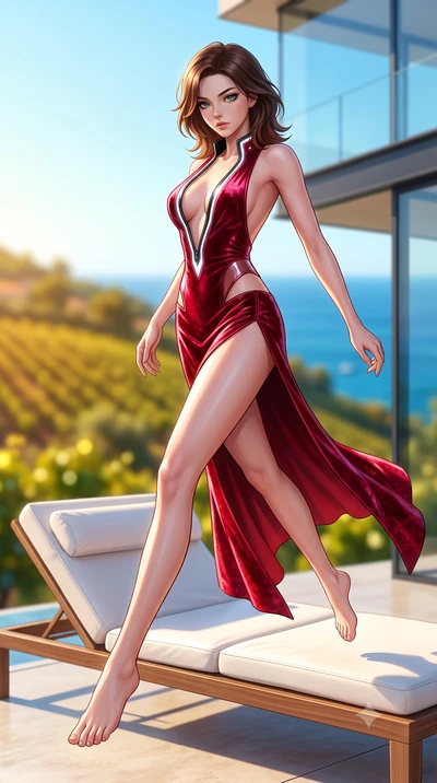 score_9, masterpiece, best quality, ultra-detailed, high-budget anime keyframe, semi-realistic 3D game render, editorial fashion photography, tasteful artistic composition, Korean woman. low angle full-body shot from head to toe showing her feet, fil