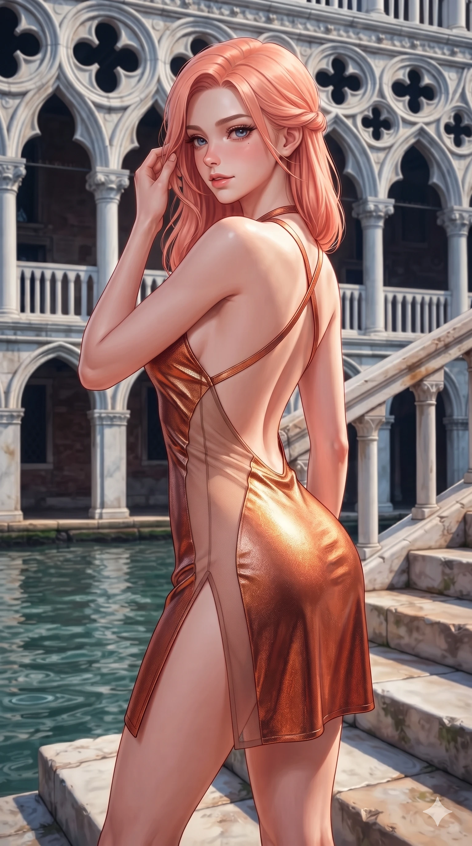 score_9, masterpiece, best quality, ultra-detailed, high-budget anime keyframe, semi-realistic 3D game render, editorial fashion photography, tasteful artistic composition, Japanese woman. close-up cowboy shot from the waist and thighs up, the character dominates the composition, filling the frame with her large presence. gently brushing a lock of hair behind her ear while casting a playful, flirtatious side-gaze with long eyelashes while standing poised between towering Venetian Gothic tracery arches, twisting her slender torso in an alluring contrapposto stance above the water. The surrounding environment is rendered in vivid detail and crisp panoramic clarity: sharp carved quatrefoil gothic tracery, weathered Istrian stone texture, and water lap ripples against marble steps in deep focus. She has an exceptionally elegant, slender, and willowy female figure with an ultra-slim waist, flat toned midriff, narrow ribcage, and sculpted feminine hips creating an alluring, slim hourglass silhouette without bulk. sharp v-shaped jawline, high-bridge nose, intricate jewel-like eyes with depth, thick eyelashes, glossy parted lips with a natural sheen, intensely captivating and seductive bedroom-eyes expression, flawlessly proportioned anatomical accuracy, strict slender model proportions, natural body alignment, perfectly sculpted long slender limbs, ultra-slim waistline, clean dynamic posture without body distortion. wearing an alluring backless metallic lamé halterneck mini dress with scoop back to the lower spine and thigh-high slit in warm Tuscan ochre and terracotta sienna, featuring strategic sheer-illusion tulle side panels framing her ribcage and hips, finished with criss-cross back satin straps highlighting her graceful shoulder blades, the impeccably tailored cut draping gracefully along her slender figure with aristocratic poise. highly saturated vibrant anime colors, detailed shading with soft gradients, crisp rim lighting defining her jawline, narrow waist, and curvy hips. highly saturated vibrant anime colors, detailed shading with soft gradients, rich glossy textures, high-contrast stereoscopic depth, volumetric dynamic lighting, master piece, 9:16 ratio