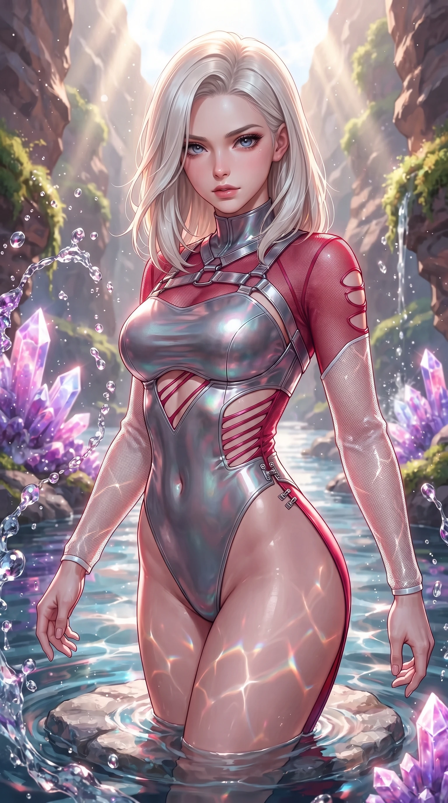 score_9, masterpiece, best quality, ultra-detailed, high-budget anime keyframe, editorial fashion photography, tasteful artistic composition, Caucasian woman. close-up cowboy shot from the waist and thighs up, the character dominates the composition, filling the frame with her large presence. gazing directly into the lens with bedroom eyes and a breathtaking, dangerous allure that commands the entire composition while pivoting dynamically on a submerged quartz stepping stone as brilliant midday sunbeams create shimmering water caustics. The surrounding environment is rendered in vivid detail and crisp panoramic clarity. intricate amethyst cluster formations, cascading water splash droplets, and lush canyon moss in high clarity. She has an exceptionally elegant, slender, and willowy female figure with an ultra-slim waist, a gracefully sculpted slender torso, toned flat midriff, and a refined slim silhouette. sharp v-shaped jawline, high-bridge nose, intricate jewel-like eyes with depth, thick eyelashes, glossy lips with a natural sheen, flawlessly proportioned anatomical accuracy, strict slender model proportions, natural body alignment, perfectly sculpted long slender limbs, ultra-slim waistline, clean dynamic posture without body distortion. wearing an ultra-sleek high-cut tech-bodysuit featuring dangerous diagonal slitted cutouts on the midriff and shoulders, reinforced by a metallic silver harness and sheer mesh sleeves in radiant crimson silk and crisp snow white, made of liquid metal jersey that clings flawlessly to every contour of her build, finished with an ultra-high side slit secured by miniature magnetic clasps, the glove-like aerodynamic second-skin fit tightly clinging to her ultra-slender waist and athletic curves without adding bulk, accentuating her razor-sharp statuesque lines and slim hourglass silhouette. bathed in bright midday sunbeams penetrating canyon depths with glowing pink and violet crystal refractions. ultra-reflective glossy finish, specular highlights, metallic sheen, high-contrast stereoscopic depth, volumetric dynamic lighting, 2k, ultra detail, master piece, 9:16 ratio
