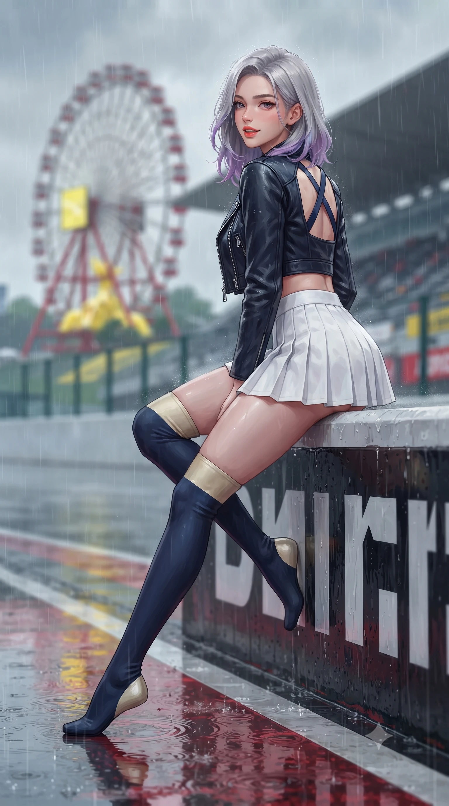 score_9, masterpiece, best quality, ultra-detailed, high-budget anime keyframe, editorial fashion photography, tasteful artistic composition, Caucasian woman. low angle full-body shot from head to toe showing her feet, filling the entire 9:16 vertical frame with her statuesque presence, stretching her vertical silhouette. walking slowly along the clay court baseline, looking back over her shoulder with an air of effortless grace and an alluring, smoldering smile while sitting perched on the pit wall barrier with legs crossed, her long slender limbs and tight leather suit commanding the rain-soaked Japanese circuit. The background shows a soft-focus the iconic Suzuka Ferris wheel and main grandstand blurred into vibrant yellow, red, and stormy charcoal bokeh through falling rain. She has an absolutely perfect, statuesque 8.5-heads proportion, an exceptionally tall and slender model-like female figure with impossibly long slender legs, an ultra-slim waist, a flat toned midriff, narrow delicate ribcage, and beautifully sculpted feminine hips creating a graceful, slim hourglass silhouette without any bulky heaviness. sharp v-shaped jawline, high-bridge nose, sparkling eyes with athletic focus and depth, thick curled eyelashes, glossy parted lips with a natural coral-peach sheen, bright confident and coquettish smile with alluring bedroom-eyes, exuding both youthful sporty vigor and sovereign high-society glamour, flawlessly proportioned anatomical accuracy, strict slender model proportions, natural body alignment, perfectly sculpted long slender limbs, ultra-slim waistline, clean dynamic posture without body distortion. wearing a cropped zip-front racing leather bolero jacket paired with a micro-pleated white tennis mini-skirt and thigh-high sports socks in Monaco navy blue and cream champagne gold, made of second-skin technical compression piqué knit with moisture-wicking stretch, finished with criss-cross back athletic straps highlighting her graceful shoulder blades, the high-waisted wrap tailoring accentuating her ultra-slim waistline and the enchanting curve of her feminine hips with alluring sporty charm. illuminated by wet ground mirror reflections and sharp platinum rim lights carving her razor-sharp jawline, narrow waist, and curvy hips. ultra-reflective glossy finish, specular highlights, rich textural contrasts, high-contrast stereoscopic depth, volumetric dynamic lighting, 2k, ultra detail, master piece, 9:16 ratio