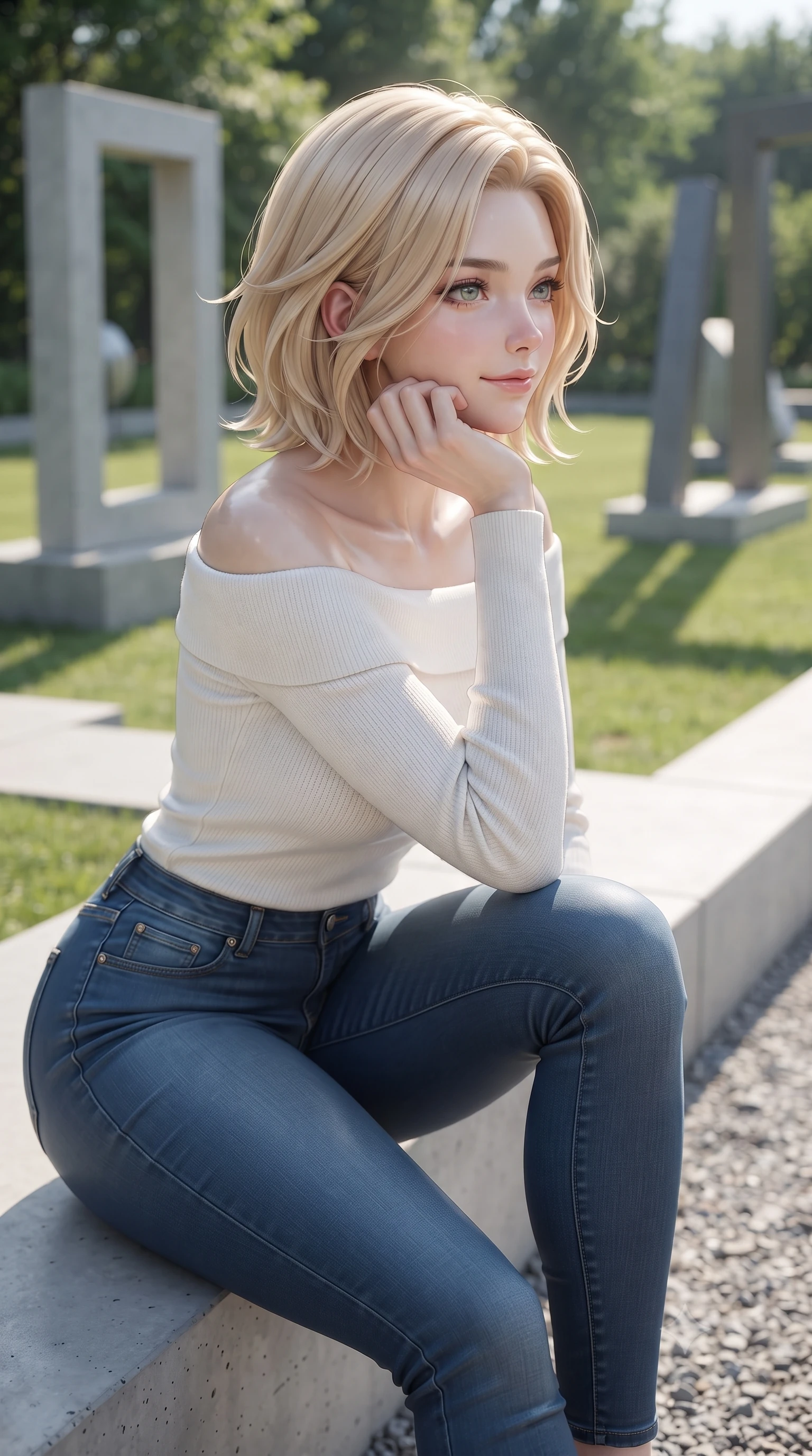 score_9, masterpiece, best quality, ultra-detailed, high-budget anime keyframe, editorial fashion photography, tasteful artistic composition, Caucasian woman woman. close-up cowboy shot from the waist and thighs up, the character dominates the composition, filling the frame with her large presence, background elements kept in soft focus. resting her chin on her hand, looking out at the beautiful scenery with a soft smile the background shows a soft-focus a grassy lawn in a modern sculpture park, with clean concrete paths and green trees. She has an exceptionally elegant, slender, and willowy female figure with an ultra-slim waist, a gracefully sculpted slender torso, and a refined silhouette. sharp v-shaped jawline, high-bridge nose, intricate jewel-like eyes with depth, thick eyelashes, glossy lips with a natural sheen. wearing a form-contouring form-contouring white off-shoulder knit top paired with tight-fitting blue skinny jeans. crisp morning sunlight casting sharp, clean shadows of the sculptures. ultra-reflective glossy finish, specular highlights, metallic sheen, high-contrast stereoscopic depth, volumetric dynamic lighting, 2k, ultra detail, master piece, 9:16 ratio