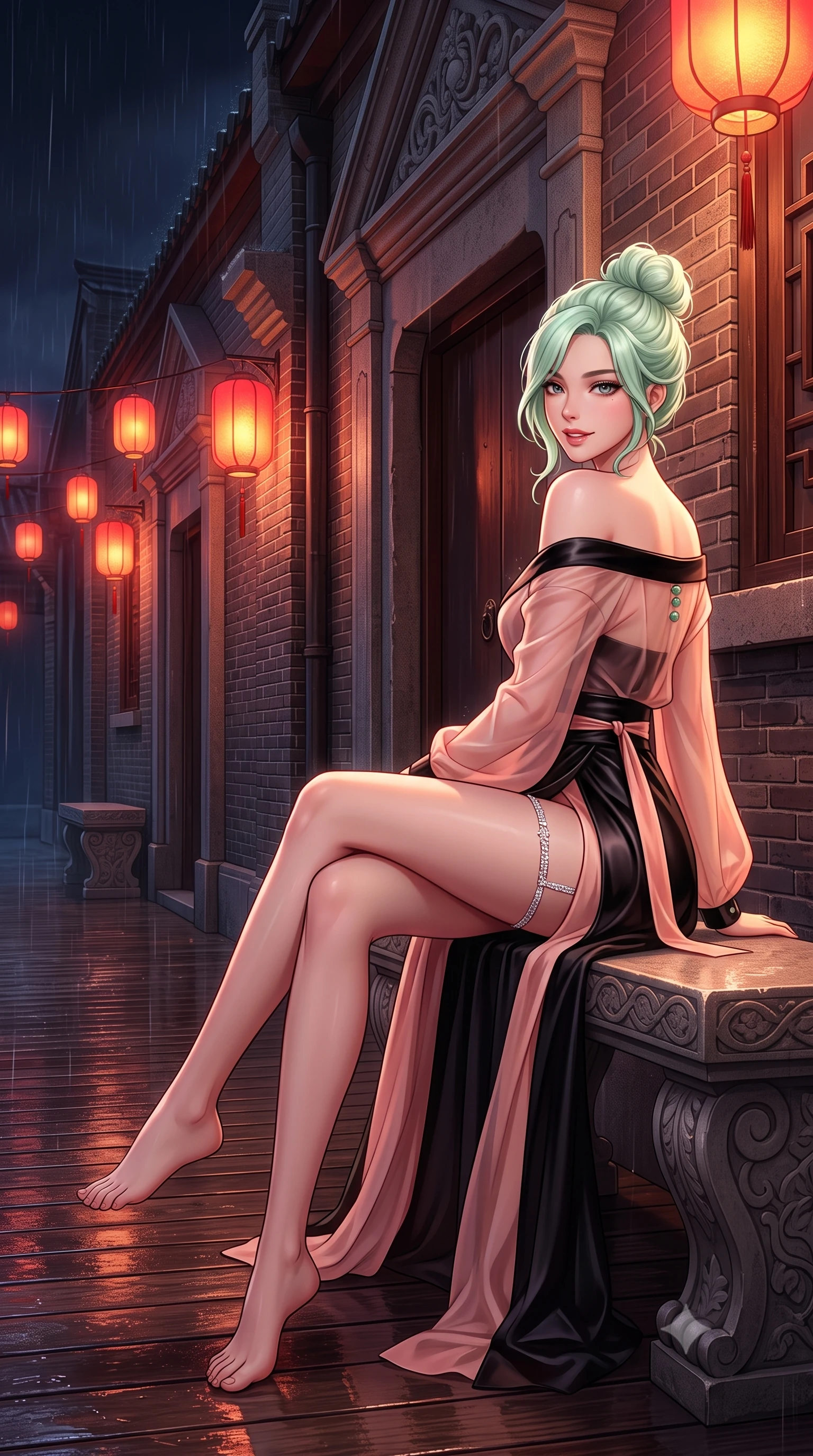 score_9, masterpiece, best quality, ultra-detailed, high-budget anime keyframe, semi-realistic 3D game render, editorial fashion photography, tasteful artistic composition, Japanese woman. low angle full-body shot from head to toe showing her feet, filling the entire 9:16 vertical frame with her statuesque presence, stretching her vertical silhouette. walking along the terrace with poise, looking back over her bare shoulder with an irresistible smoldering bedroom-gaze while sitting gracefully on the carved stone bench with legs crossed, flashing a radiant, flirtatious smile toward the lens. The surrounding environment is rendered in vivid detail and crisp panoramic clarity: sharp Shikumen carved stone pediment lintels, traditional brick bond masonry, and wet timber plank grain in deep focus. She has an exceptionally tall and slender model-like 8.5-heads proportion, an ultra-slim waist, a flat toned midriff, narrow delicate ribcage, and beautifully sculpted feminine hips creating a graceful, slim hourglass silhouette without any bulky heaviness, with impossibly long slender legs. sharp v-shaped jawline, high-bridge nose, intricate jewel-like sparkling eyes with depth, thick eyelashes, glossy parted lips with a natural peach sheen, bright cheerful beaming smile with an enchanting and coquettish sensual glint, exuding both youthful cute charm and seductive allure, flawlessly proportioned anatomical accuracy, strict slender model proportions, natural body alignment, perfectly sculpted long slender limbs, ultra-slim waistline, clean dynamic posture without body distortion. wearing an alluring semi-sheer silk chiffon boudoir peignoir slipping off bare shoulders with delicate jade button accents in Kyoto moonlit sakura blush and polished urushi black, woven from buttery-soft stretch lambskin leather adhering to her body like a second skin, finished with delicate crystal-encrusted thigh garter straps glinting in the dim light, the high-slit wrap tailoring accentuating her ultra-slim waistline and the enchanting curve of her feminine hips with alluring seductive charm. bathed in the romantic red-and-gold 2200K glow of hanging silk lanterns contrasted with deep midnight rain ambient. highly saturated vibrant anime colors, detailed shading with soft gradients, rich glossy textures, high-contrast stereoscopic depth, volumetric dynamic lighting, master piece, 9:16 ratio