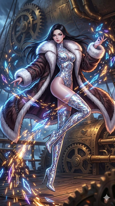 score_9, masterpiece, best quality, ultra-detailed, high-budget anime movie keyframe, cinematic anime lighting, intricate line art, Caucasian (strictly human ears) woman. Low angle cowboy shot filling the entire 9:16 frame with her statuesque presenc