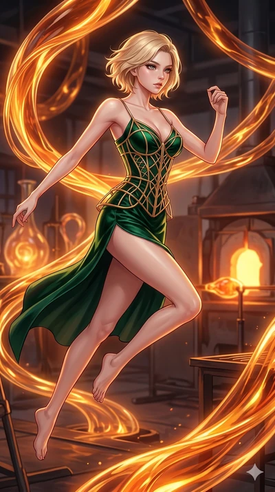 score_9, masterpiece, best quality, ultra-detailed, high-budget anime keyframe, Korean woman. upper body close-up from the thighs up, character filling the screen for maximum presence. bounding through a molten glass art studio where twisting, glowin