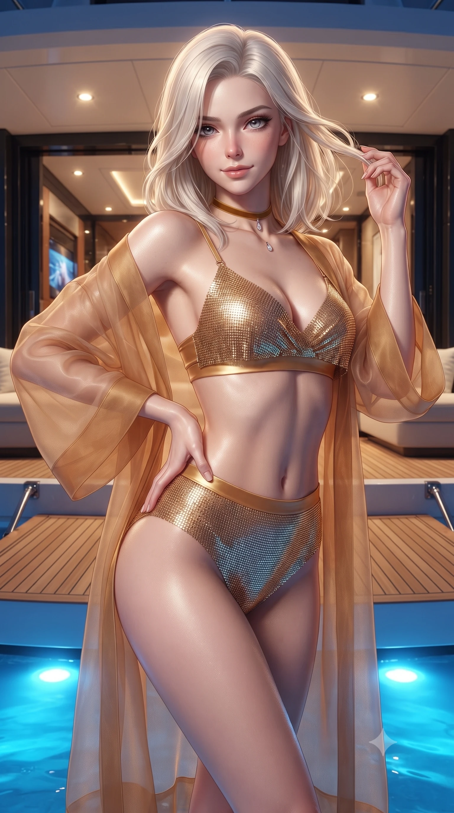 score_9, masterpiece, best quality, ultra-detailed, high-budget anime keyframe, editorial fashion photography, tasteful artistic composition, Caucasian woman. close-up cowboy shot from the waist and thighs up, the character dominates the composition, filling the frame with her large presence. twisting her slender torso in an alluring contrapposto stance, one hand resting on her sculpted hip while her fingers toy with her hair with effortless poise while standing poised on the hydraulic fold-down teak sea platform right at water level, arching her back with supreme siren allure. The surrounding environment is rendered in vivid detail and crisp panoramic clarity: detailed wet-look neoprene zip monokini cling, gold body chain shine, and mega-yacht beach club architecture in high resolution. She has an exceptionally elegant, slender, and willowy female figure with an ultra-slim waist, flat toned midriff, narrow ribcage, and sculpted feminine hips creating an alluring, slim hourglass silhouette without bulk. sharp v-shaped jawline, high-bridge nose, sparkling eyes with hypnotic seductive depth, thick curled eyelashes, glossy parted lips with a natural dewy peach sheen, alluring bedroom-eyes with an enchanting coquettish smile, exuding magnetic siren charisma and sophisticated glamour, flawlessly proportioned anatomical accuracy, strict slender model proportions, natural body alignment, perfectly sculpted long slender limbs, ultra-slim waistline, clean dynamic posture without body distortion. wearing a sheer organza kimono robe worn loose and slipping off bare shoulders over a matching satin bralette and high-waisted briefs in warm amber honey and antique gold leaf, crafted from shimmering fluid chainmail mesh reflecting ambient lights, finished with a thin velvet ribbon choker and a single teardrop diamond pendant, the form-contouring silhouette accentuating her sculpted flat midriff, narrow delicate ribcage, and gracefully curvy hips with intoxicating allure. bathed in brilliant underwater sapphire LED hull lighting paired with warm recessed ceiling spotlights from the beach club salon. ultra-reflective glossy finish, specular highlights, rich textural contrasts, high-contrast stereoscopic depth, volumetric dynamic lighting, 2k, ultra detail, master piece, 9:16 ratio