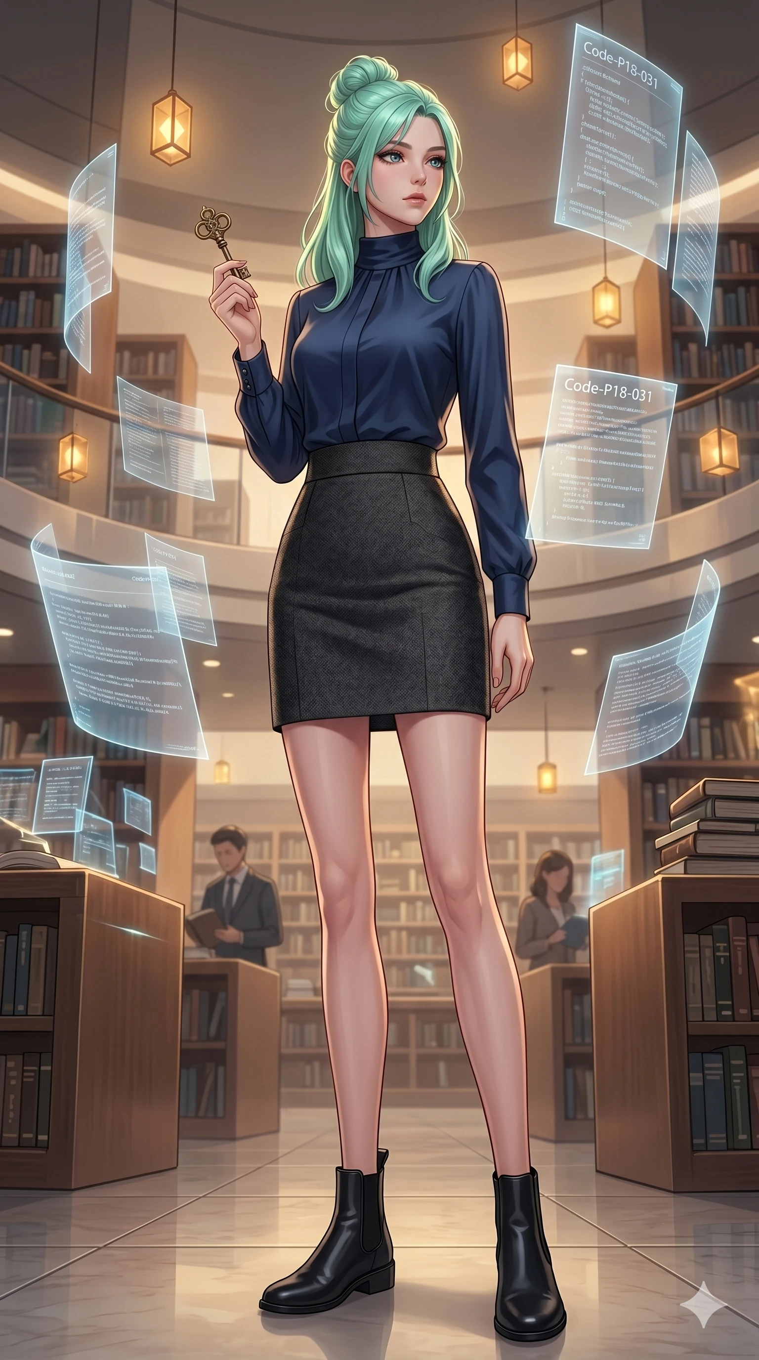 score_9, masterpiece, best quality, ultra-detailed, high-budget anime keyframe, editorial fashion photography, tasteful artistic composition, Japanese woman. low angle full-body shot from head to toe showing her feet, filling the entire 9:16 vertical frame with her statuesque presence, stretching her vertical silhouette. holding a vintage clockwork key, looking past the camera with a thoughtful, focused expression inside a modern library chamber with floating holographic manuscript pages (Code-P18-031). She has an absolutely perfect 8-heads proportion, an exceptionally tall and slender female figure with impossibly long slender legs and an ultra-slim waist. V-shaped jawline, high-bridge nose, intricate jewel-like eyes with depth, thick eyelashes, glossy lips with a natural sheen. wearing a high-neck tailored silk shirt under a structured high-waist wool skirt. warm golden light from the floating lanterns, tracing the elegant curves of her neck. 2k, ultra detail, master piece, 9:16 ratio
