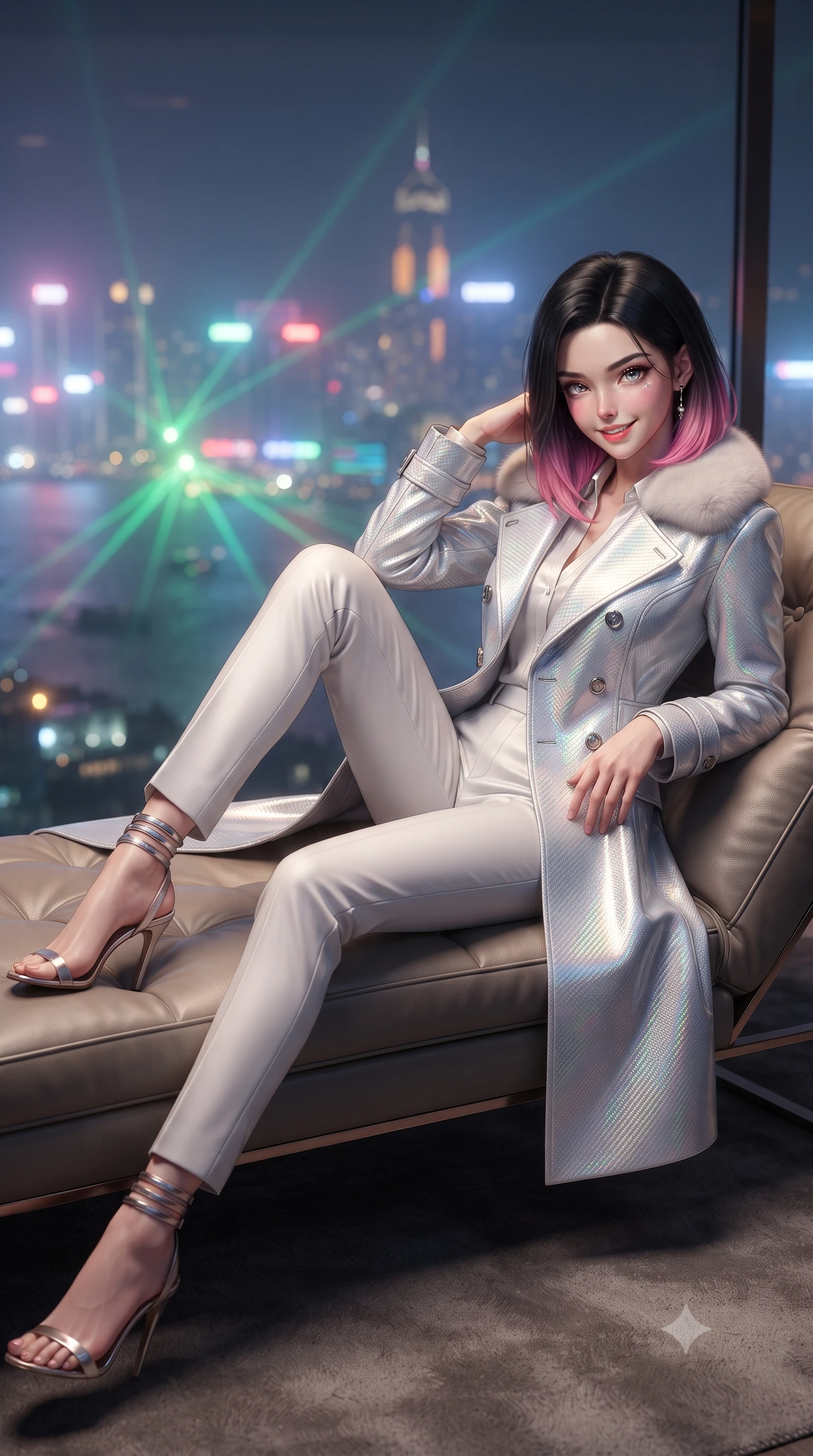 score_9, masterpiece, best quality, ultra-detailed, high-budget anime keyframe, editorial fashion photography, tasteful artistic composition, Korean woman. close-up cowboy shot from the waist and thighs up, the character dominates the composition, filling the frame with her large presence. tilting her head with a teasing half-smile, running one hand slowly down the side of her hip in a flirtatious S-curve as ambient light caresses her silhouette while lounging gracefully across the custom leather chaise propped on one elbow with legs extended, displaying her long slender limbs and statuesque hourglass silhouette against the misty neon harbor. The background shows a soft-focus infinite tapestry of neon skyscraper spires emerging from sea fog, laser light show beams across the harbor, blurred into emerald, rose, and gold bokeh. She has an exceptionally elegant, slender, and willowy female figure with an ultra-slim waist, flat toned midriff, narrow ribcage, and sculpted feminine hips creating an alluring, slim hourglass silhouette without bulk. sharp v-shaped jawline, high-bridge nose, intricate jewel-like sparkling eyes with depth, thick eyelashes, glossy parted lips with a natural peach sheen, bright cheerful beaming smile with an enchanting and coquettish sensual glint, exuding both youthful cute charm and seductive allure, flawlessly proportioned anatomical accuracy, strict slender model proportions, natural body alignment, perfectly sculpted long slender limbs, ultra-slim waistline, clean dynamic posture without body distortion. wearing a futuristic double-breasted arctic combat officer greatcoat with thermal fur-lined collar and tailored wool trousers in holographic prismatic pearl and aerospace white, woven from structured carbon-fiber jacquard with rich textural depth, complemented by strappy stiletto sandals with metallic ankle wraps accentuating her slender calves, the impeccably tailored cut draping gracefully along her slender figure with aristocratic poise. bathed in warm 2700K recessed ceiling spotlights combined with the cool multi-colored nightscape radiance of the harbor. ultra-reflective glossy finish, specular highlights, rich textural contrasts, high-contrast stereoscopic depth, volumetric dynamic lighting, 2k, ultra detail, master piece, 9:16 ratio