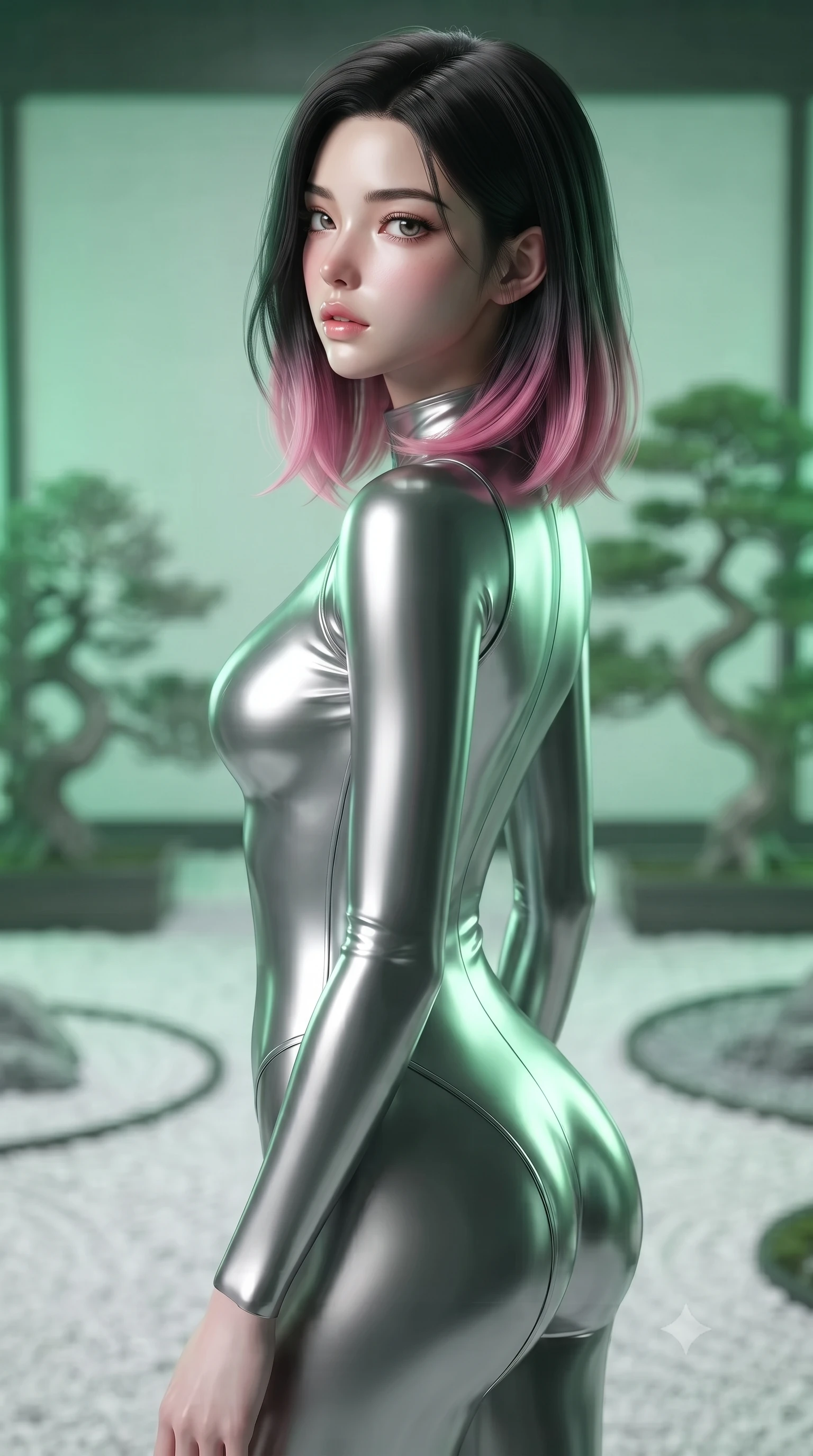 score_9, masterpiece, best quality, ultra-detailed, high-budget anime keyframe, editorial fashion photography, tasteful artistic composition, Korean woman. close-up cowboy shot from the waist and thighs up, the character dominates the composition, filling the frame with her large presence, background elements kept in soft focus. turning her face in profile to look over her shoulder, casting a smoldering side gaze with lips slightly parted, the background shows a soft-focus a zen rock garden with virtual white gravel paths and digital bonsai trees. She has an exceptionally elegant, slender, and willowy female figure with an ultra-slim waist, a gracefully sculpted slender torso, and a refined silhouette. sharp v-shaped jawline, high-bridge nose, intricate jewel-like eyes with depth, thick eyelashes, glossy lips with a natural sheen. wearing a form-contouring form-contouring liquid silver space flight under-suit, contouring her athletic, slender build. virtual white gravel paths and digital bonsai trees casting green neon light. ultra-reflective glossy finish, specular highlights, metallic sheen, high-contrast stereoscopic depth, volumetric dynamic lighting, 2k, ultra detail, master piece, 9:16 ratio