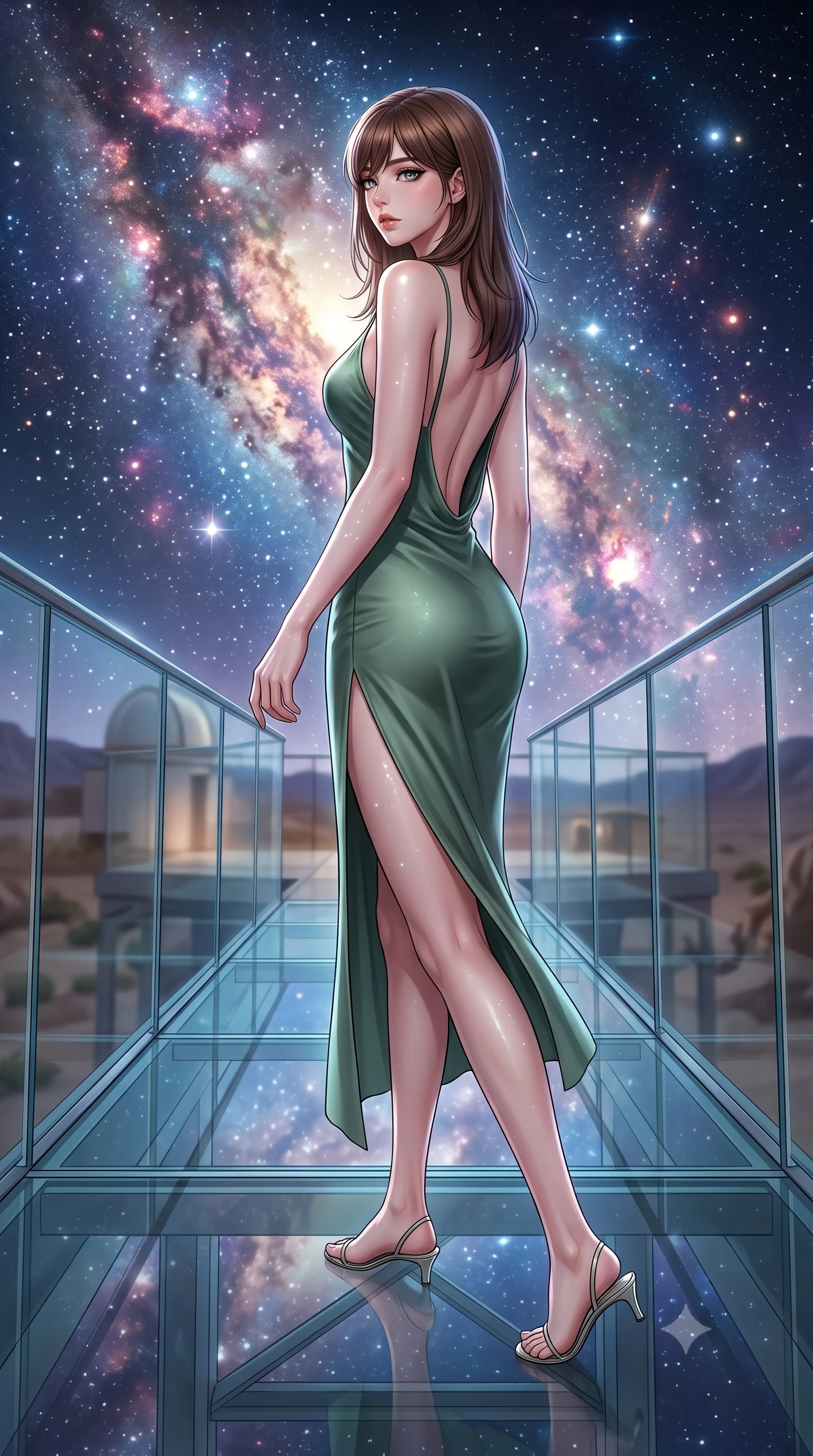 score_9, masterpiece, best quality, ultra-detailed, high-budget anime keyframe, editorial fashion photography, tasteful artistic composition, Korean woman. low angle full-body shot from head to toe showing her feet, filling the entire 9:16 vertical frame with her statuesque presence, stretching her vertical silhouette. walking slowly along a glass skybridge, looking back over her shoulder with an air of effortless grace, the background shows a soft-focus a desert oasis observatory looking at a galaxy nebula in stardust. She has an absolutely perfect, statuesque 8.5-heads proportion, an exceptionally tall and slender model-like female figure with impossibly long slender legs and an ultra-slim waist. sharp v-shaped jawline, high-bridge nose, intricate jewel-like eyes with depth, thick eyelashes, glossy lips with a natural sheen. wearing a body-hugging lightweight silk combat slip dress in sage green, featuring a high side slit and a low-cut back. soft silver starlight wrapping her statuesque posture in a quiet mood. highly saturated vibrant anime colors, detailed shading with soft gradients, rich glossy textures, high-contrast stereoscopic depth, volumetric dynamic lighting, master piece, 9:16 ratio
