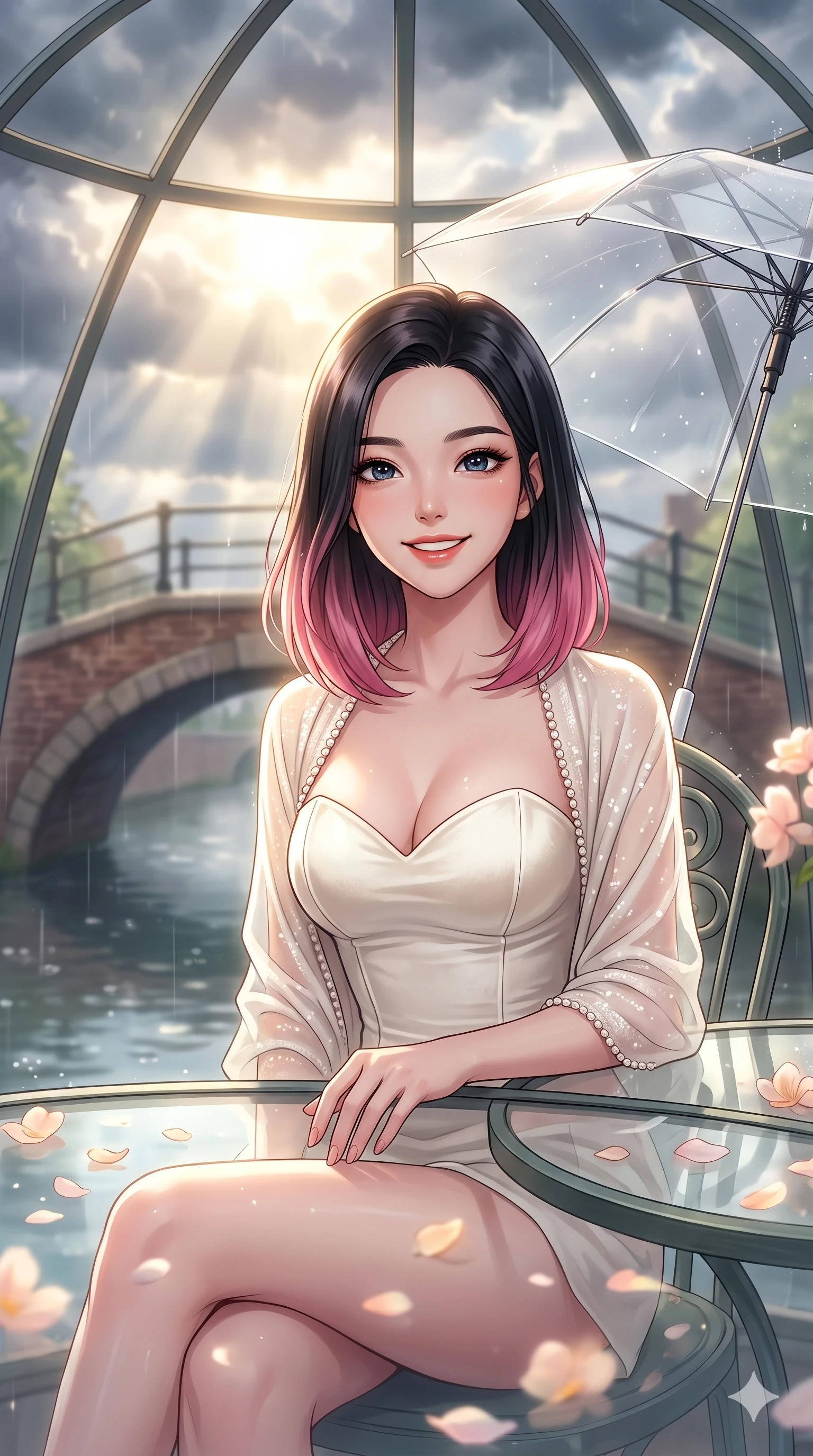 score_9, masterpiece, best quality, ultra-detailed, high-budget anime keyframe, vibrant anime aesthetic, Korean woman. close-up cowboy shot from the waist and thighs up, the character dominates the composition, filling the frame with her large presence, background elements kept in soft focus. She is sitting by a glass greenhouse table, smiling warmly at the camera, her eyes shining with genuine joy surrounded by delicate flower petals. the background shows a soft-focus vintage brick arch bridge over a quiet canal, under a clear umbrella during a soft drizzle (Code-P22-190). She has an absolutely perfect proportion, an exceptionally elegant and slender female figure with an ultra-slim waist. V-shaped jawline, high-bridge nose, intricate jewel-like eyes with depth, thick eyelashes, glossy lips with a natural sheen. wearing a structured velvet bodice with a sweetheart neckline combined with a delicate wrap in ivory white and pearls. She is bathed in brilliant midday sunbeams breaking through storm clouds, creating a glowing aura, creating a cinematic, high-budget anime lighting effect under the glass dome roof. 2k, ultra detail, master piece, 9:16 ratio