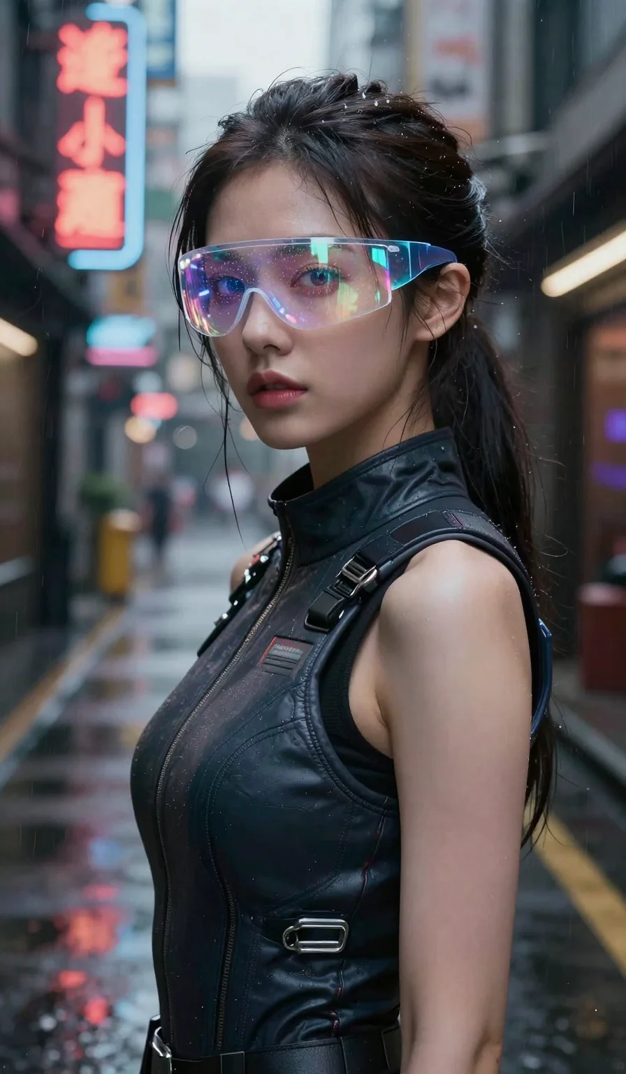 (masterpiece:1.2), best quality, highres, (1girl:1.3), stunning cyberpunk woman, (holographic visor over one eye:1.2), high-collar tech-wear vest, rainy alleyway, neon signs, reflective wet skin, 2k, ultra detail, 9:16 ratio