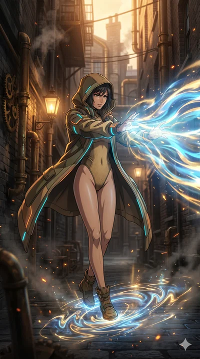 score_9, masterpiece, best quality, ultra-detailed, Set A: High-budget Anime Keyframe, Japanese woman. Low angle cowboy shot filling the entire 9:16 frame with her statuesque presence. Theme: Urban Decay. unleashing a massive energy wave in a steampu