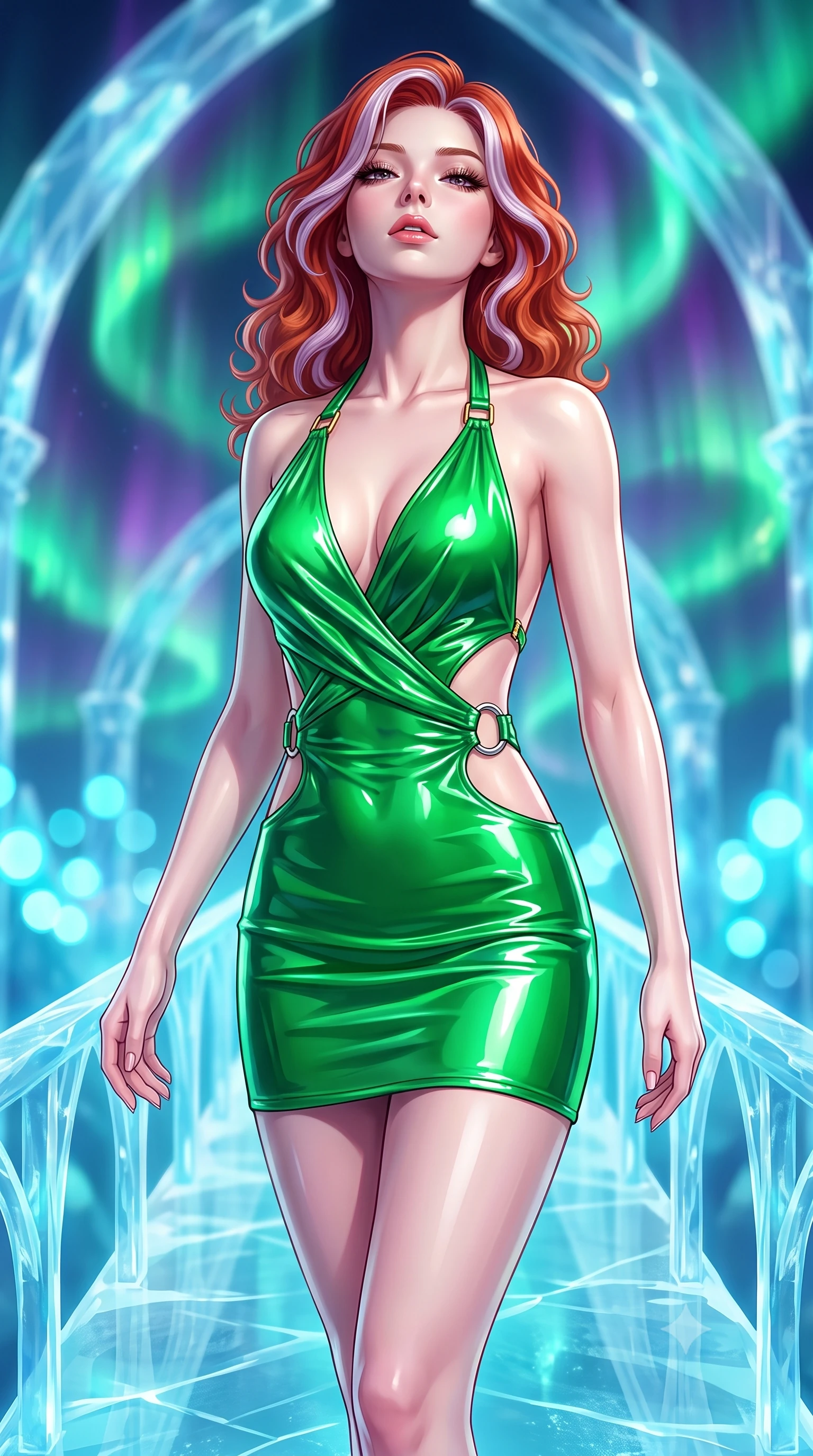 score_9, masterpiece, best quality, ultra-detailed, high-budget anime keyframe, semi-realistic 3D game render, editorial fashion photography, tasteful artistic composition, Caucasian woman. close-up cowboy shot from the waist and thighs up, the character dominates the composition, filling the frame with her large presence. tilting her head back with a sensual alluring expression, exposing her throat and shoulders to the camera with heavy lashes and softly parted glossy lips while striding gracefully along a translucent glacial bridge suspended beneath a swirling emerald aurora in a soaring crystal palace. The composition keeps background elements in soft focus with creamy bokeh. swirling emerald and violet aurora ribbons and crystal ice arches blurred into radiant, luminous cyan bokeh. She has an exceptionally elegant, slender, and willowy female figure with an ultra-slim waist, a gracefully sculpted slender torso, toned flat midriff, and a refined slim silhouette. sharp v-shaped jawline, high-bridge nose, intricate jewel-like eyes with depth, thick eyelashes, glossy lips with a natural sheen, flawlessly proportioned anatomical accuracy, strict slender model proportions, natural body alignment, perfectly sculpted long slender limbs, ultra-slim waistline, clean dynamic posture without body distortion. wearing a form-contouring liquid satin halter-neck mini dress with a deep crossover cowl front, open back, and ultra-slender waist drape in bright emerald green satin and gold hardware, formed from high-gloss patent material with specular light reflections, detailed with polished silver rings connecting the daring side-waist cutouts, the precision-cut daring openings accentuating her delicate midriff, graceful bare collarbones, and ultra-slim feminine waistline. surrounded by a majestic, pristine, and intensely seductive glacial royalty aura. highly saturated vibrant anime colors, detailed shading with soft gradients, rich glossy textures, high-contrast stereoscopic depth, volumetric dynamic lighting, master piece, 9:16 ratio