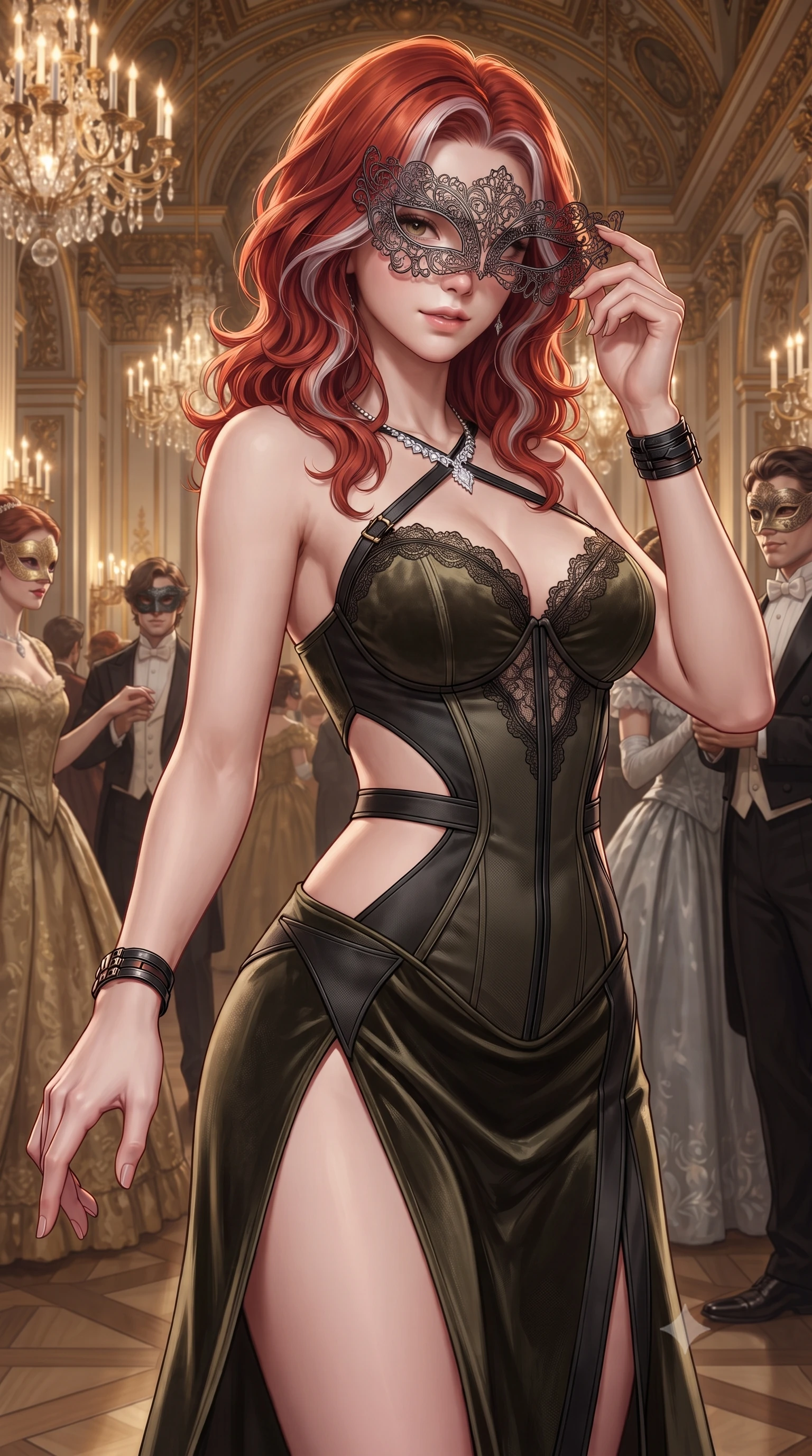 score_9, masterpiece, best quality, ultra-detailed, high-budget anime keyframe, editorial fashion photography, tasteful artistic composition, Caucasian woman. close-up cowboy shot from the waist and thighs up, the character dominates the composition, filling the frame with her large presence. extending one slender arm gracefully toward the foreground while casting an affectionate, mesmerizing glance while attending a lavish masquerade ball in an opulent baroque mansion, holding an intricate filigree lace mask to her captivating eyes. The surrounding environment is rendered in vivid detail and crisp panoramic clarity. intricate laser-cut filigree mask patterns, sparkling diamond necklace facets, and silk velvet textures in deep focus. She has an exceptionally elegant, slender, and willowy female figure with an ultra-slim waist, a gracefully sculpted slender torso, toned flat midriff, and a refined slim silhouette. sharp v-shaped jawline, high-bridge nose, intricate jewel-like eyes with depth, thick eyelashes, glossy lips with a natural sheen, captivating and magnetic expression, flawlessly proportioned anatomical accuracy, strict slender model proportions, natural body alignment, perfectly sculpted long slender limbs, ultra-slim waistline, clean dynamic posture without body distortion. wearing a high-slit velvet corset dress with delicate lace-trimmed bodice and crossed back straps in dark olive drab and tactical matte black, made of ultra-strong woven carbon-fiber composite with satin luster, accented with concealed lockpick wristbands and polished dark chrome hardware, the precision-cut daring openings accentuating her delicate midriff, graceful bare collarbones, and ultra-slim feminine waistline. surrounded by an enigmatic, enchanting, and lethal undercover spy duchess aura. ultra-reflective glossy finish, specular highlights, rich textural contrasts, high-contrast stereoscopic depth, volumetric dynamic lighting, 2k, ultra detail, master piece, 9:16 ratio