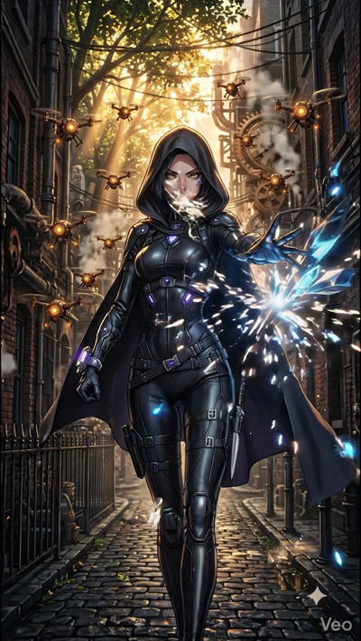 Cinematic 8-second video. Multiple steampunk drones hover and shift slightly in the narrow cobblestone alley. Steam rises from the side pipes, and the large clock in the background ticks. The woman in the black hooded suit holds a pulsating, glowing 