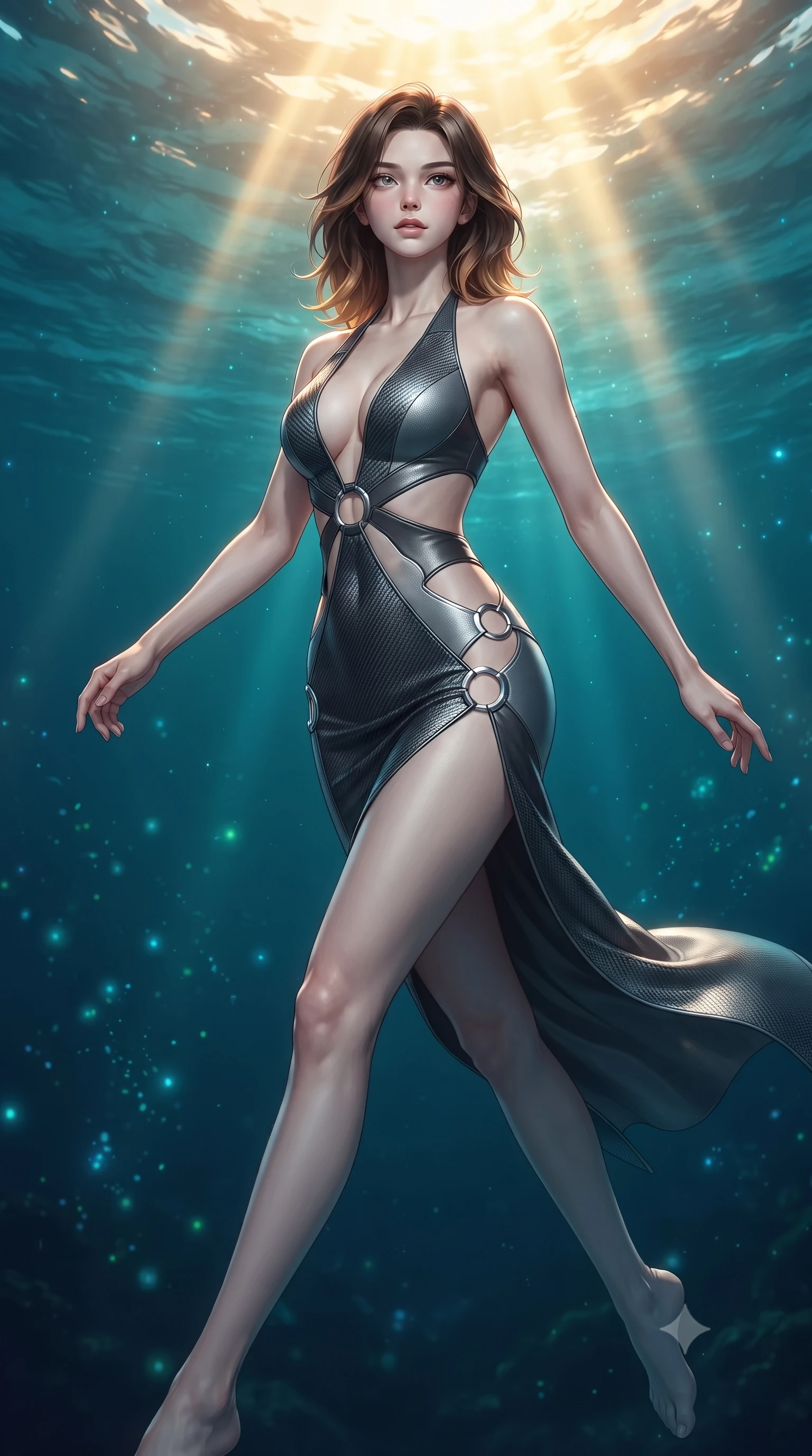 score_9, masterpiece, best quality, ultra-detailed, high-budget anime keyframe, editorial fashion photography, tasteful artistic composition, Korean woman. low angle full-body shot from head to toe showing her feet, filling the entire 9:16 vertical frame with her statuesque presence, stretching her vertical silhouette. stepping forward in a proud dynamic stride, her vertical silhouette filling the frame with statuesque presence while swimming gracefully upward toward sunbeams penetrating a deep turquoise ocean rift, swirling ocean currents casting fluid motion patterns across her form. She has an absolutely perfect, statuesque 8.5-heads proportion, an exceptionally tall and slender model-like female figure with impossibly long slender legs and an ultra-slim waist. sharp v-shaped jawline, high-bridge nose, intricate jewel-like eyes with depth, thick eyelashes, glossy lips with a natural sheen, flawlessly proportioned anatomical accuracy, natural body alignment, perfectly sculpted elegant limbs, clean dynamic posture without body distortion. wearing a deep-scoop halter bodycon dress with hip cutouts connected by silver rings in charcoal grey and platinum, made of fine carbon-fiber weave and soft matte leather, featuring subtle geometric cutouts that highlight her ultra-slim midriff, the tailored fabric tightly following every curve of her athletic build. illuminated by deep sea bioluminescence and warm golden top lighting. ultra-reflective glossy finish, specular highlights, metallic sheen, high-contrast stereoscopic depth, volumetric dynamic lighting, 2k, ultra detail, master piece, 9:16 ratio