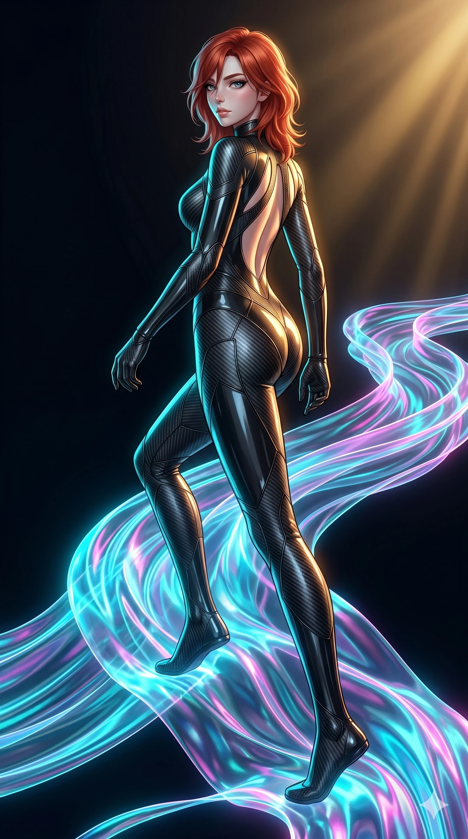score_9, masterpiece, best quality, ultra-detailed, high-budget anime keyframe, Japanese woman. low angle full-body shot filling the entire 9:16 frame with her statuesque presence, stretching the vertical silhouette. stepping on holographic fluid ribbons of sound that ripple with cyan and magenta light in a dark virtual void. She has an absolutely perfect 8-heads proportion, an exceptionally tall and slender female figure with impossibly long slender legs and an ultra-slim waist. V-shaped jawline, high-bridge nose, intricate jewel-like eyes with depth, thick eyelashes, glossy lips with a natural sheen.. wearing a second-skin carbon fiber combat suit, featuring matte carbon fiber and glossy latex panels with elegant slitted cutouts on the upper back. showcasing a beautiful play of light and shadow, with warm golden rays clashing against cool cyan highlights. 2k, ultra detail, master piece, 9:16 ratio