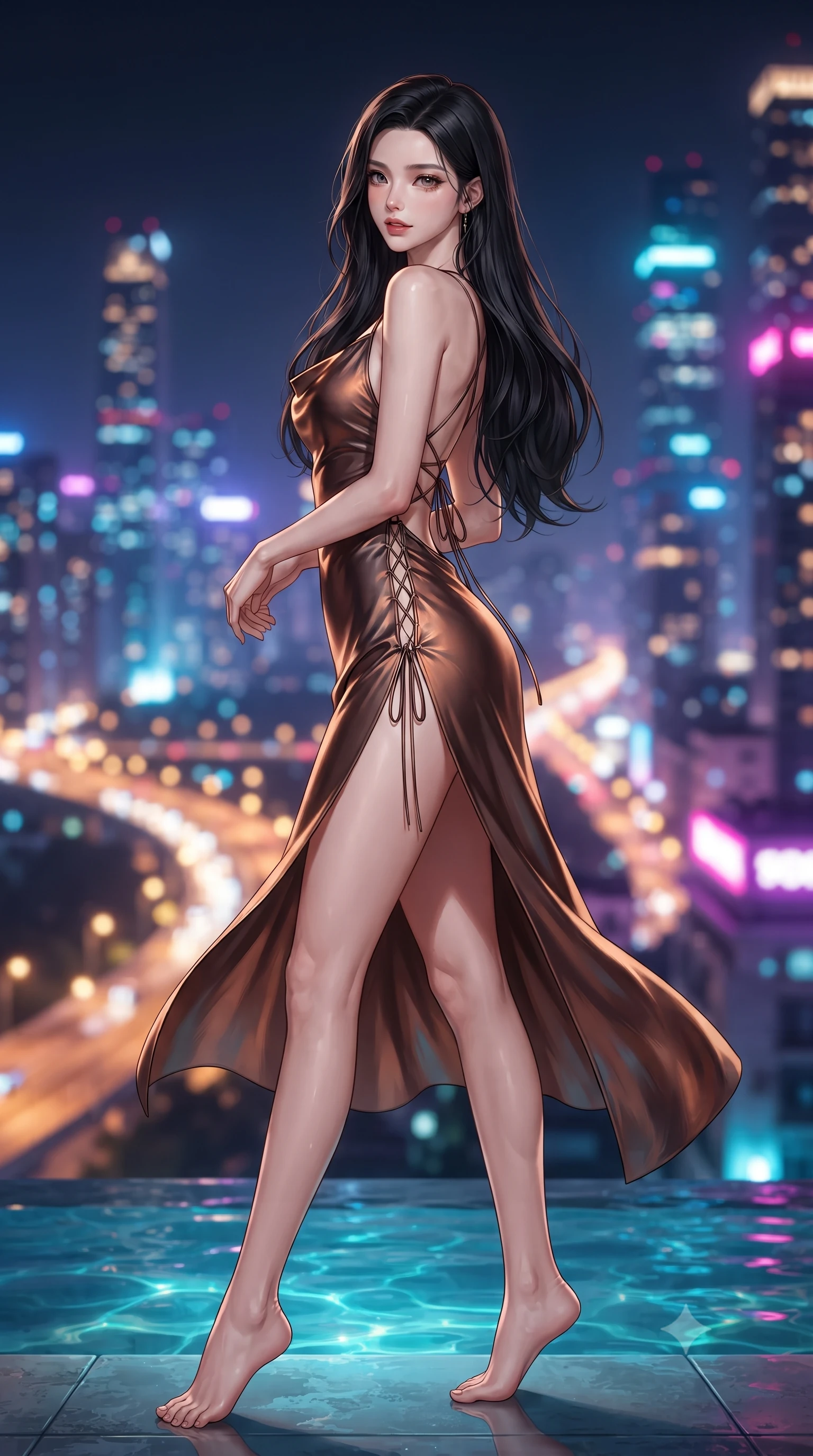 score_9, masterpiece, best quality, ultra-detailed, high-budget anime keyframe, editorial fashion photography, tasteful artistic composition, Korean woman. low angle full-body shot from head to toe showing her feet, filling the entire 9:16 vertical frame with her statuesque presence, stretching her vertical silhouette. executing a slow, graceful pivot turn as her silk gown sways around her slender legs, glancing back with an enchanting, teasing sensual expression while twisting her slender torso in an alluring contrapposto pose at the water's edge, molten turquoise pool caustics shimmering across her flat midriff and curvy hips. The background shows a soft-focus the vast panorama of metropolitan skyscrapers, glowing highways, and neon rooftops blurred into glittering sapphire, magenta, and gold bokeh. She has an absolutely perfect, statuesque 8.5-heads proportion, an exceptionally tall and slender model-like female figure with impossibly long slender legs, an ultra-slim waist, a flat toned midriff, narrow delicate ribcage, and beautifully sculpted feminine hips creating a graceful, slim hourglass silhouette without any bulky heaviness. sharp v-shaped jawline, high-bridge nose, sparkling eyes with hypnotic seductive depth, thick curled eyelashes, glossy parted lips with a natural dewy peach sheen, alluring bedroom-eyes with an enchanting coquettish smile, exuding magnetic siren charisma and sophisticated high-fashion glamour, flawlessly proportioned anatomical accuracy, strict slender model proportions, natural body alignment, perfectly sculpted long slender limbs, ultra-slim waistline, clean dynamic posture without body distortion. wearing a plunging cowl-neck liquid silk slip dress with a daring thigh-high split and delicate criss-cross back ties in sultry espresso bronze and metallic copper, crafted from fluid liquid silk satin that clings smoothly to every curve with a dewy sheen, featuring fine criss-cross lace-up side ties revealing tantalizing glimpses of her hip curve, the second-skin tailored fabric adhering flawlessly to her sculpted flat midriff and slender torso, emphasizing her long leg lines and perfectly proportioned willowy build. bathed in luminous turquoise underwater pool illumination paired with warm amber lantern glow. ultra-reflective glossy finish, specular highlights, rich textural contrasts, high-contrast stereoscopic depth, volumetric dynamic lighting, 2k, ultra detail, master piece, 9:16 ratio