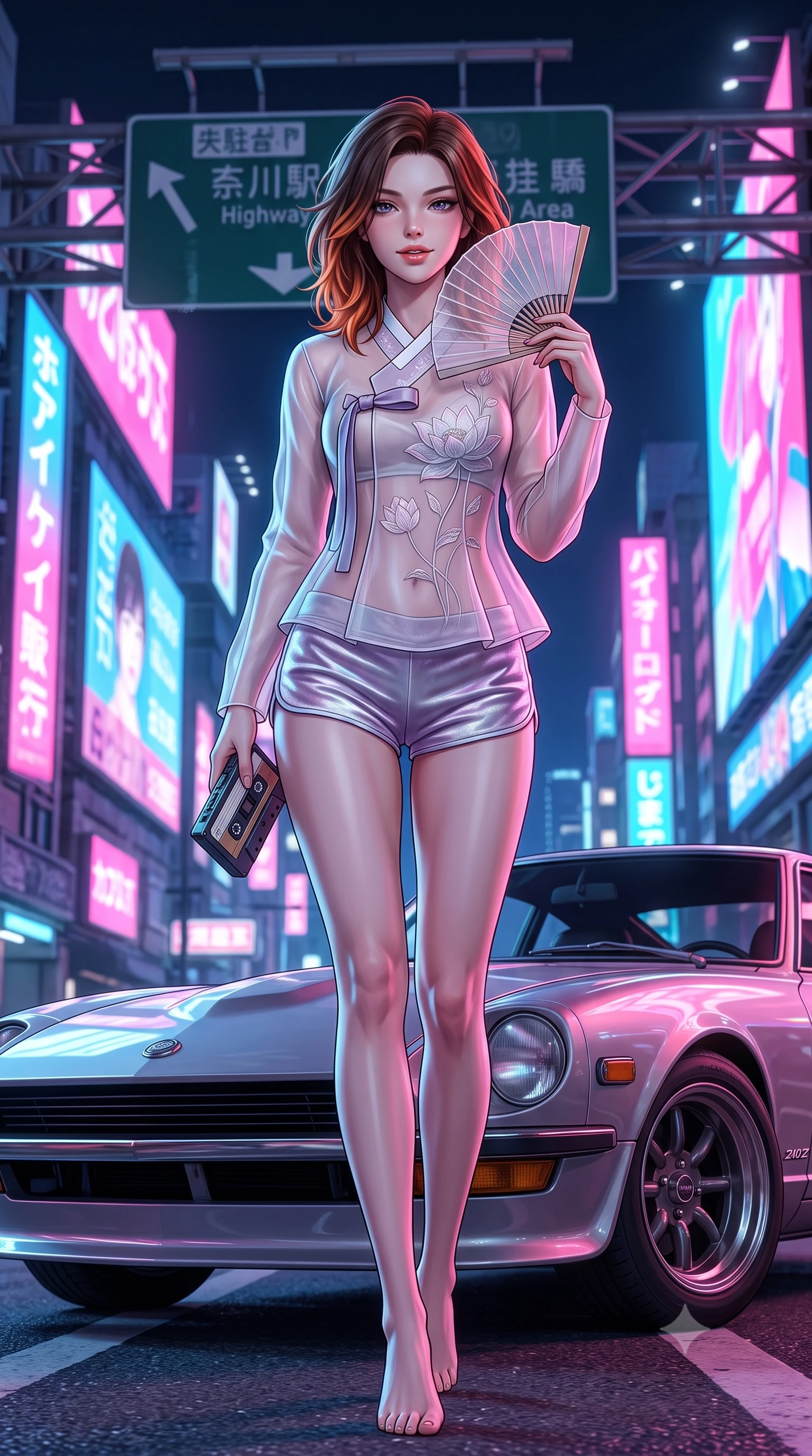 score_9, masterpiece, best quality, ultra-detailed, high-budget anime keyframe, semi-realistic 3D game render, editorial fashion photography, tasteful artistic composition, Korean woman. low angle full-body shot from head to toe showing her feet, filling the entire 9:16 vertical frame with her statuesque presence, stretching her vertical silhouette. stepping slowly toward the camera with hypnotic grace, hips swaying in an alluring sensual rhythm that accentuates her curvy hourglass silhouette and long slender legs while perched casually on the hood of the classic sports car with legs crossed, holding a cassette player while flashing a confident, teasing smile. The background shows a soft-focus highway overhead gantry signage softened in high-octane retro city shallow focus. She has an absolutely perfect, statuesque 8.5-heads proportion, an exceptionally tall and slender model-like female figure with impossibly long slender legs, an ultra-slim waist, a flat toned midriff, narrow delicate ribcage, and beautifully sculpted feminine hips creating a graceful, slim hourglass silhouette without any bulky heaviness. sharp v-shaped jawline, high-bridge nose, sparkling eyes with hypnotic seductive depth, thick curled eyelashes, glossy parted lips with a natural dewy peach sheen, alluring bedroom-eyes with an enchanting coquettish smile, exuding magnetic siren charisma and sophisticated glamour, flawlessly proportioned anatomical accuracy, strict slender model proportions, natural body alignment, perfectly sculpted long slender limbs, ultra-slim waistline, clean dynamic posture without body distortion. wearing a form-contouring sheer organza hanbok bodice with delicate lotus embroidery paired with low-rise silk hot-pants in iridescent mother-of-pearl and misty lavender, tailored from ultra-plush velvet with rich tactile depth and deep shadow gradients, finished with a transparent silk folding fan held gracefully near her glossy parted lips, the form-contouring silhouette accentuating her sculpted flat midriff, narrow delicate ribcage, and gracefully curvy hips with intoxicating allure. bathed in dynamic dual-tone neon lighting spilling from towering Japanese billboard displays. highly saturated vibrant anime colors, detailed shading with soft gradients, rich glossy textures, high-contrast stereoscopic depth, volumetric dynamic lighting, master piece, 9:16 ratio