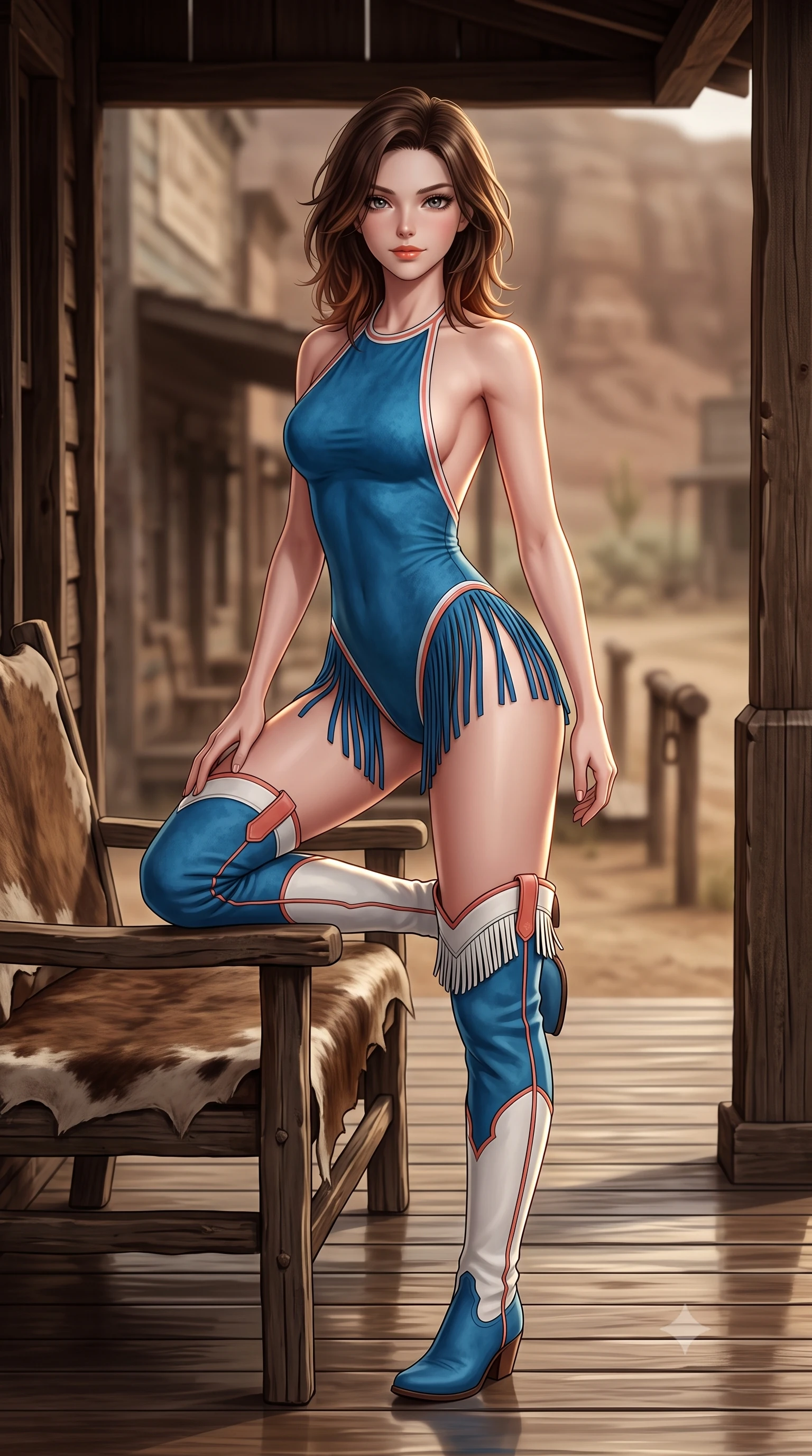 score_9, masterpiece, best quality, ultra-detailed, high-budget anime keyframe, semi-realistic 3D game render, editorial fashion photography, tasteful artistic composition, Korean woman. close-up cowboy shot from the waist and thighs up, the character dominates the composition, filling the frame with her large presence. perched sideways on the lounge seat, one knee drawn up to showcase her slender leg line while her arched back accentuates her feminine hip curve while standing poised between the saloon porch timber pillars with hips cocked back, arching her spine with seductive gunslinger allure. The background shows a soft-focus dusty ghost town Main Street facades, hitching posts, and distant sagebrush blurred into sepia, walnut, and dusty amber bokeh. She has an exceptionally elegant, slender, and willowy female figure with an ultra-slim waist, flat toned midriff, narrow ribcage, and sculpted feminine hips creating an alluring, slim hourglass silhouette without bulk. sharp v-shaped jawline, high-bridge nose, sparkling eyes with hypnotic seductive depth, thick curled eyelashes, glossy parted lips with a natural dewy peach sheen, alluring bedroom-eyes with an enchanting coquettish smile, exuding magnetic siren charisma and sophisticated glamour, flawlessly proportioned anatomical accuracy, strict slender model proportions, natural body alignment, perfectly sculpted long slender limbs, ultra-slim waistline, clean dynamic posture without body distortion. wearing a slinky backless halterneck suede leotard with fringe accents along the side hips and thigh-high cowboy boots in Mediterranean cerulean blue and optic white with coral trims, crafted from smooth liquid-tight stretch jersey emphasizing every curve of her body, finished with a delicate leather fringe trim fluttering along her hip line with kinetic charm, the liquid-tight tailored fabric clinging flawlessly to her narrow waist and rounded feminine hips, emphasizing every millimeter of her sculpted slim hourglass curves without any bulky heaviness. illuminated by boardwalk wood reflection bounce and sharp golden rim lights defining her razor-sharp jawline, flat midriff, and curvy hips. highly saturated vibrant anime colors, detailed shading with soft gradients, rich glossy textures, high-contrast stereoscopic depth, volumetric dynamic lighting, master piece, 9:16 ratio