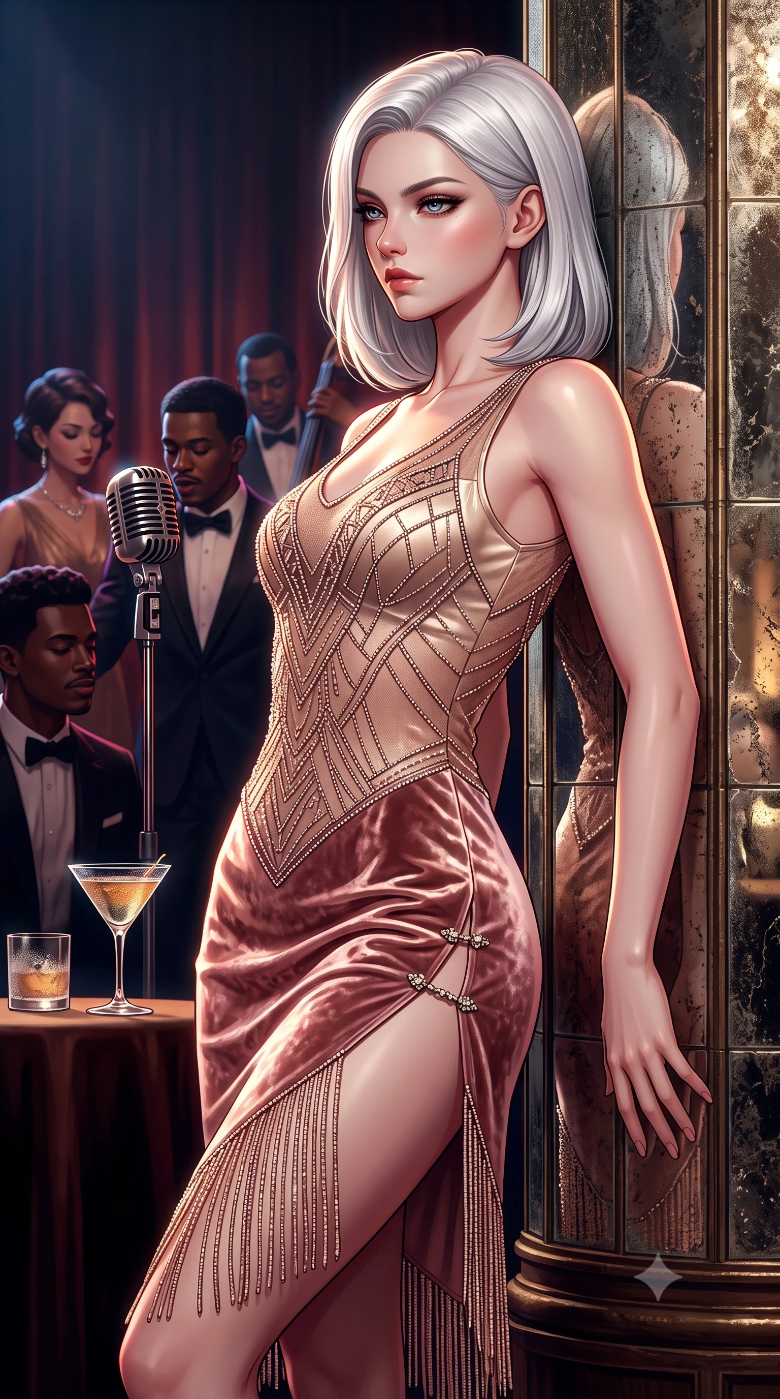 score_9, masterpiece, best quality, ultra-detailed, high-budget anime keyframe, semi-realistic 3D game render, editorial fashion photography, tasteful artistic composition, Korean woman. close-up cowboy shot from the waist and thighs up, the character dominates the composition, filling the frame with her large presence. twisting her slender torso in a deep contrapposto stance, hips dramatically shifted to accentuate her feminine curves while looking past her shoulder with smoldering bedroom-eyes while leaning back against an antique mirrored column with hips cocked, casting a smoky, seductive bedroom-gaze past the jazz quartet. The surrounding environment is rendered in vivid detail and crisp panoramic clarity. detailed beaded dress fringe movement, cocktail glass condensation, and vintage microphone grill in high clarity. She has an exceptionally elegant, slender, and willowy female figure with an ultra-slim waist, flat toned midriff, narrow ribcage, and sculpted feminine hips creating an alluring, slim hourglass silhouette without bulk. sharp v-shaped jawline, high-bridge nose, intricate jewel-like eyes with depth, thick eyelashes, glossy parted lips with a natural sheen, intensely captivating and seductive bedroom-eyes expression, flawlessly proportioned anatomical accuracy, strict slender model proportions, natural body alignment, perfectly sculpted long slender limbs, ultra-slim waistline, clean dynamic posture without body distortion. wearing a sheer vintage mesh flapper dress adorned with intricate geometric beadwork over an opaque silk slip in dusky blush rose and champagne shimmer, crafted from heavyweight crushed silk velvet with liquid vintage luster, finished with an ultra-high side slit secured by miniature jeweled clasps, the liquid-tight tailored fabric clinging flawlessly to her narrow waist and rounded feminine hips, emphasizing every millimeter of her sculpted slim hourglass curves without any bulky heaviness. illuminated by rich specular rim lights defining her razor-sharp jawline, narrow waist, and curvy hips. highly saturated vibrant anime colors, detailed shading with soft gradients, rich glossy textures, high-contrast stereoscopic depth, volumetric dynamic lighting, master piece, 9:16 ratio
