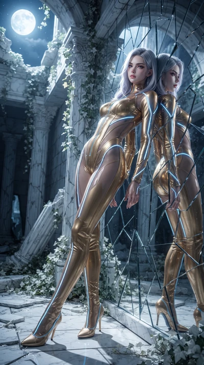 score_9, masterpiece, best quality, ultra-detailed, High-budget Anime Keyframe, editorial fashion photography, tasteful artistic composition, realistic cosplay photography, Caucasian woman, strictly human ears. Dynamic full-body shot stretching the v