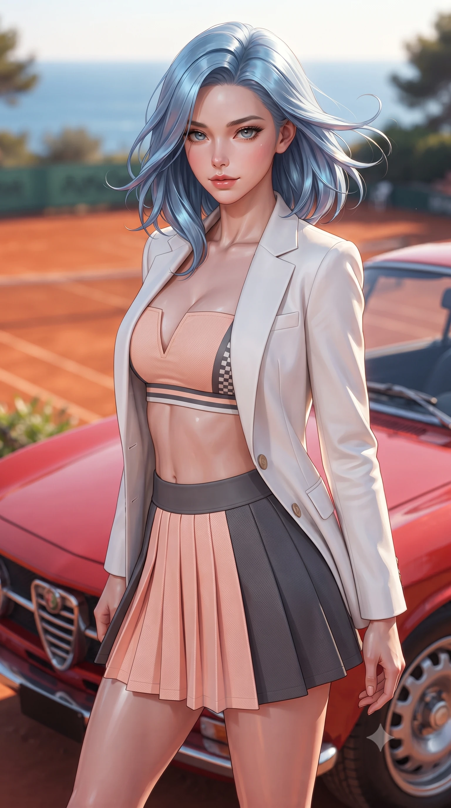 score_9, masterpiece, best quality, ultra-detailed, high-budget anime keyframe, editorial fashion photography, tasteful artistic composition, Korean woman. close-up cowboy shot from the waist and thighs up, the character dominates the composition, filling the frame with her large presence. turning slowly with a smoldering smile, her glossy hair tossing in the breeze as her hips angle gracefully in a captivating contrapposto while standing poised beside a vintage racing-red Alfa Romeo parked by the clay court with hips cocked back, casting an intoxicating, sunlit bedroom-gaze. The background shows a soft-focus the vibrant terracotta red clay tennis courts and the sapphire Mediterranean Sea blurred into rich ochre, azure, and rose-gold bokeh. She has an exceptionally elegant, slender, and willowy female figure with an ultra-slim waist, flat toned midriff, narrow ribcage, and sculpted feminine hips creating an alluring, slim hourglass silhouette without bulk. sharp v-shaped jawline, high-bridge nose, sparkling eyes with athletic focus and depth, thick curled eyelashes, glossy parted lips with a natural coral-peach sheen, bright confident and coquettish smile with alluring bedroom-eyes, exuding both youthful sporty vigor and sovereign high-society glamour, flawlessly proportioned anatomical accuracy, strict slender model proportions, natural body alignment, perfectly sculpted long slender limbs, ultra-slim waistline, clean dynamic posture without body distortion. wearing a tailored white blazer worn open over a plunging racing bandeau top and pleated tennis micro-skirt in pastel peach blossom and matte carbon grey, made of second-skin technical compression piqué knit with moisture-wicking stretch, finished with contrasting racing stripe tape and subtle checkered flag embroidery, the precision-cut side openings and low-back scoop framing her graceful spine and the sensual sweep of her slim, athletic hips. illuminated by clay bounce warmth and sharp amber rim lighting defining her sculpted collarbones, ultra-slim waist, and curvy hips. ultra-reflective glossy finish, specular highlights, rich textural contrasts, high-contrast stereoscopic depth, volumetric dynamic lighting, 2k, ultra detail, master piece, 9:16 ratio