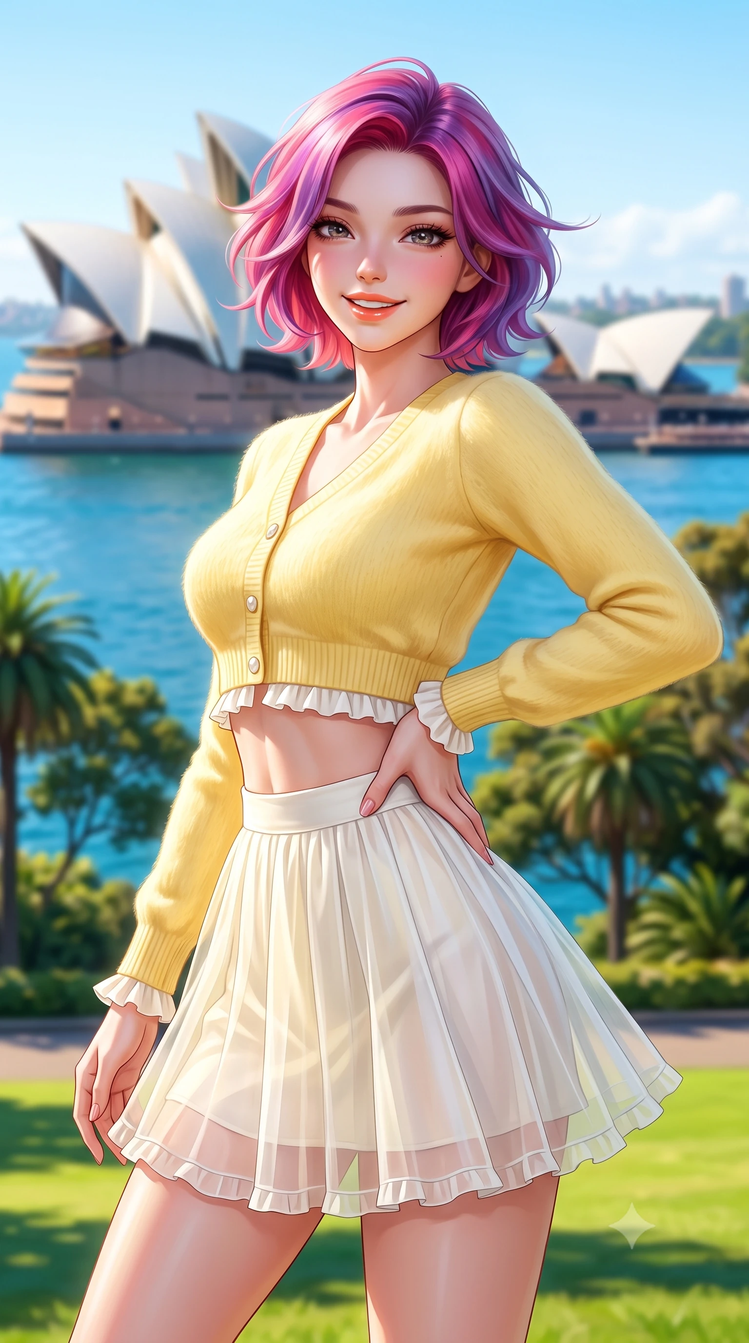 score_9, masterpiece, best quality, ultra-detailed, high-budget anime keyframe, semi-realistic 3D game render, editorial fashion photography, tasteful artistic composition, Caucasian woman. close-up cowboy shot from the waist and thighs up, the character dominates the composition, filling the frame with her large presence. twisting her slender torso in an alluring contrapposto stance, one hand resting on her sculpted hip while flashing a radiant, playful smile with parted glossy lips while turning in an alluring dancer S-curve as harbour breezes whip her hair, the white sails of the Opera House gleaming behind her. The composition keeps background elements in soft focus with dreamy creamy bokeh. lush subtropical botanic trees and manicured lawns softened in vibrant Australian shallow focus. She has an exceptionally elegant, slender, and willowy female figure with an ultra-slim waist, flat toned midriff, narrow ribcage, and sculpted feminine hips creating an alluring, slim hourglass silhouette without bulk. sharp v-shaped jawline, high-bridge nose, intricate jewel-like sparkling eyes with depth, thick eyelashes, glossy parted lips with a natural peach sheen, bright cheerful beaming smile with an enchanting and coquettish sensual glint, exuding both youthful cute charm and seductive allure, flawlessly proportioned anatomical accuracy, strict slender model proportions, natural body alignment, perfectly sculpted long slender limbs, ultra-slim waistline, clean dynamic posture without body distortion. wearing a soft angora crop knit sweater with a sheer pleated organza mini skirt over an opaque silk slip in bright butter yellow and fresh cream white, tailored from crisp cotton poplin with clean structural lines, finished with subtle ruffle trims and delicate pearl buttons, the high-waisted tailoring accentuating her ultra-slim waistline and the enchanting curve of her feminine hips with alluring charm. bathed in brilliant Australian golden afternoon sunlight and radiant sapphire water bounce fill. highly saturated vibrant anime colors, detailed shading with soft gradients, rich glossy textures, high-contrast stereoscopic depth, volumetric dynamic lighting, master piece, 9:16 ratio