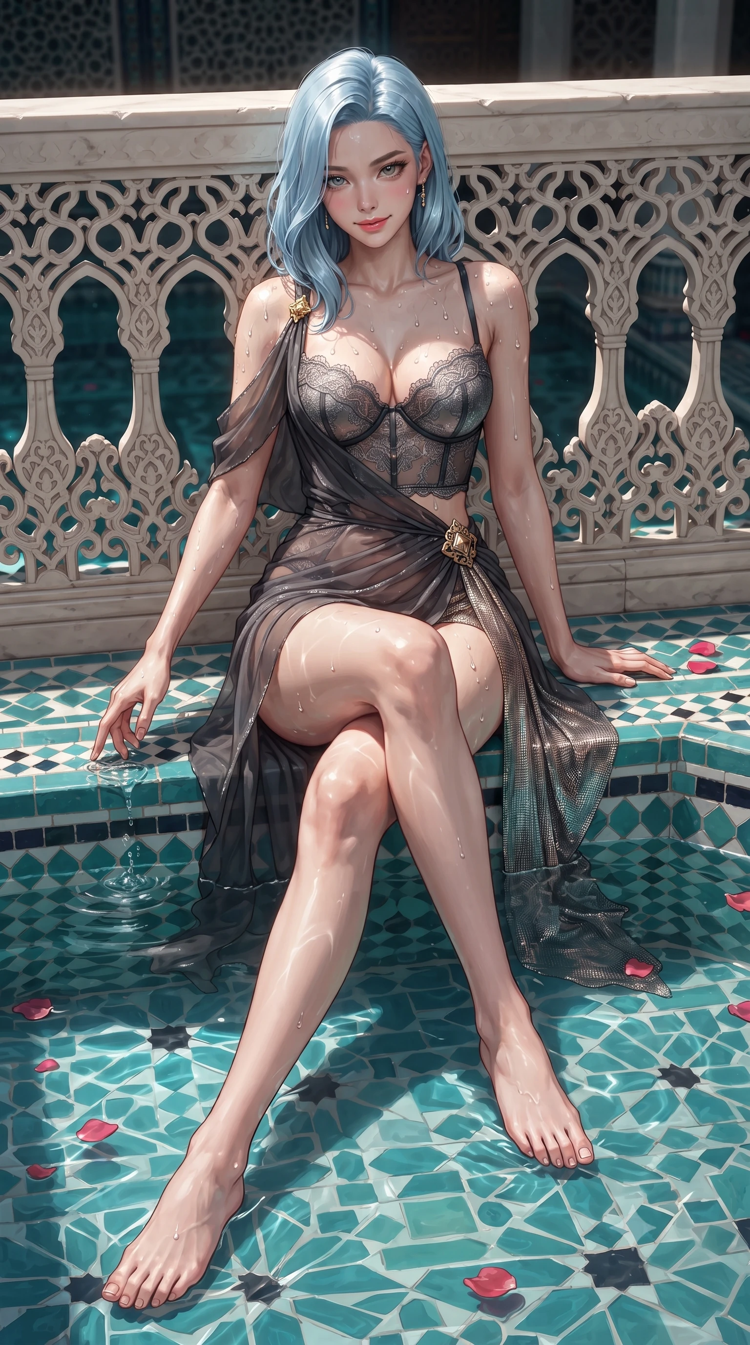 score_9, masterpiece, best quality, ultra-detailed, high-budget anime keyframe, editorial fashion photography, tasteful artistic composition, Korean woman. low angle full-body shot from head to toe showing her feet, filling the entire 9:16 vertical frame with her statuesque presence, stretching her vertical silhouette. leaning deep against the balcony balustrade with hips cocked back in an unapologetically alluring high-fashion stance, casting an intoxicating glance while sitting poised on the turquoise zellij pool rim with legs crossed, dipping one manicured hand in the pool with sovereign aristocratic cool. The surrounding environment is rendered in vivid detail and crisp panoramic clarity: sharp geometric zellij mosaic tile seams, hand-carved arabesque plaster fretwork, and floating rose petal textures in deep focus. She has an absolutely perfect, statuesque 8.5-heads proportion, an exceptionally tall and slender model-like female figure with impossibly long slender legs, an ultra-slim waist, a flat toned midriff, narrow delicate ribcage, and beautifully sculpted feminine hips creating a graceful, slim hourglass silhouette without any bulky heaviness. sharp v-shaped jawline, high-bridge nose, sparkling eyes with hypnotic seductive depth, thick curled eyelashes, glossy parted lips with a natural dewy peach sheen, alluring bedroom-eyes with an enchanting coquettish smile, exuding magnetic siren charisma and sophisticated glamour, flawlessly proportioned anatomical accuracy, strict slender model proportions, natural body alignment, perfectly sculpted long slender limbs, ultra-slim waistline, clean dynamic posture without body distortion. wearing a delicate French lace underwire bustier paired with a draped sheer chiffon wrap mini skirt and gold hip brooch in smoky charcoal and metallic platinum, crafted from shimmering fluid chainmail mesh reflecting ambient lights, finished with glistening drops of lagoon or spa water beading across her sculpted shoulders and collarbones, the liquid-tight tailored fabric clinging flawlessly to her narrow waist and rounded feminine hips, emphasizing every millimeter of her sculpted slim hourglass curves without any bulky heaviness. illuminated by pool water reflection caustics and sharp molten-gold rim lights sculpting her razor-sharp jawline, narrow waist, and curvy hips. ultra-reflective glossy finish, specular highlights, rich textural contrasts, high-contrast stereoscopic depth, volumetric dynamic lighting, 2k, ultra detail, master piece, 9:16 ratio