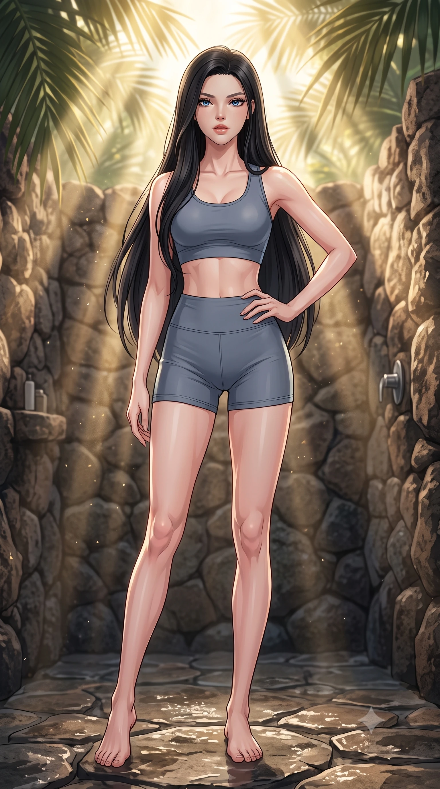 score_9, masterpiece, best quality, ultra-detailed, high-budget anime keyframe, tasteful artistic composition, Korean woman. low angle full-body shot from head to toe showing her feet, filling the entire 9:16 vertical frame with her statuesque presence, stretching her vertical silhouette. posing confidently with one hand on her hip, stretching her statuesque body to emphasize her curves the background shows a soft-focus a tropical outdoor villa shower built of volcanic rocks, surrounded by large palm leaves. She has an absolutely perfect, statuesque 8.5-heads proportion, an exceptionally tall and slender model-like female figure with impossibly long slender legs and an ultra-slim waist. sharp v-shaped jawline, high-bridge nose, intricate jewel-like eyes with depth, thick eyelashes, glossy lips with a natural sheen. wearing a body-hugging body-hugging athletic crop top and high-waisted shorts set in slate grey. sun rays slicing through the palm fronds, creating dramatic volumetric shafts of light. highly saturated vibrant anime colors, cel-shading, 2d style, master piece, 9:16 ratio