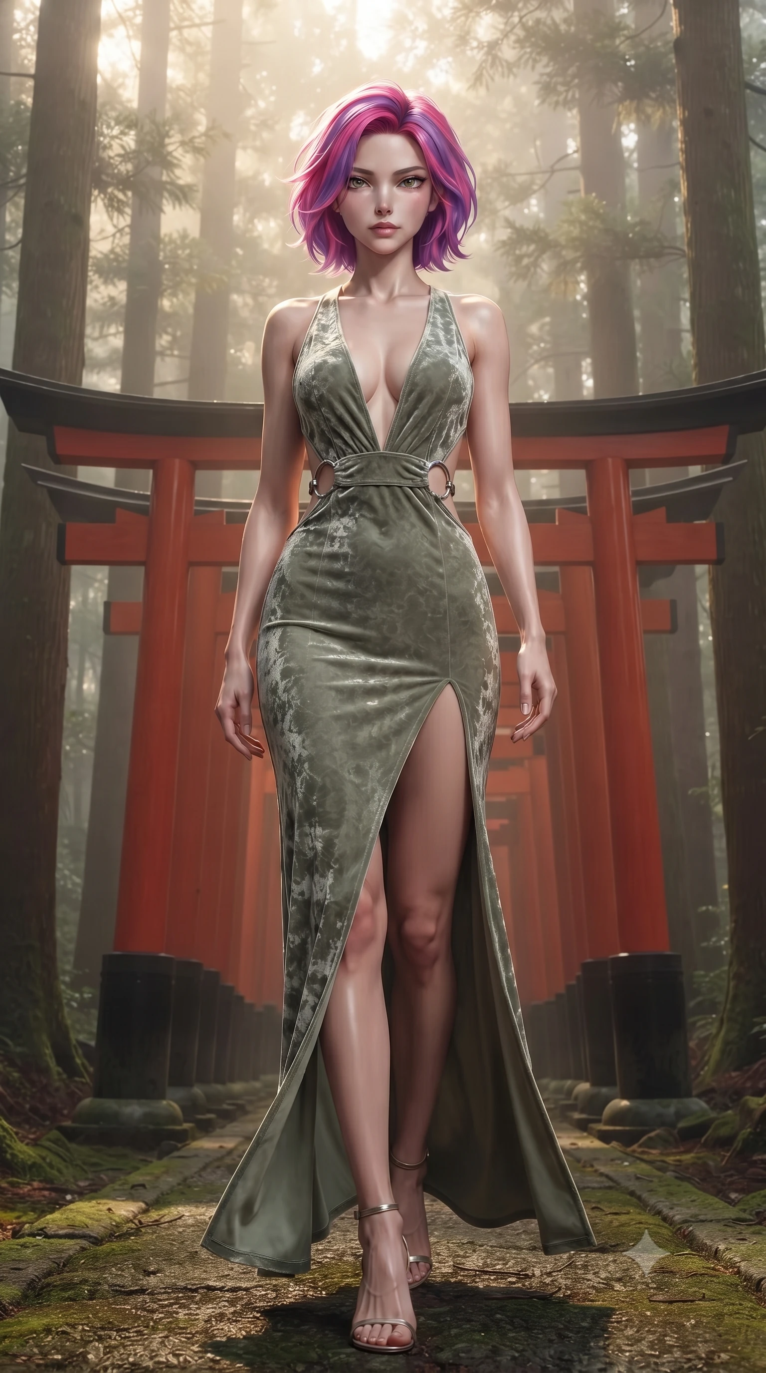 score_9, masterpiece, best quality, ultra-detailed, high-budget anime keyframe, editorial fashion photography, tasteful artistic composition, Caucasian woman. low angle full-body shot from head to toe showing her feet, filling the entire 9:16 vertical frame with her statuesque presence, stretching her vertical silhouette. navigating the luminous space with effortless poise, displaying her perfect model proportions walking along a pathway lined with thousands of red torii gates in a misty forest, morning fog scattering golden sunlight through towering cedar trees. She has an absolutely perfect, statuesque 8.5-heads proportion, an exceptionally tall and slender model-like female figure with impossibly long slender legs and an ultra-slim waist. sharp v-shaped jawline, high-bridge nose, intricate jewel-like eyes with depth, thick eyelashes, glossy lips with a natural sheen. wearing a backless crushed velvet gown with a deep V-neckline and high thigh slit in sage green and oatmeal, formed from sleek second-skin neoprene, accented with delicate chrome ring hardware framing her waist, the glove-like fit emphasizing her statuesque silhouette. bathed in mystical golden morning light filtered through dense forest fog. ultra-reflective glossy finish, specular highlights, metallic sheen, high-contrast stereoscopic depth, volumetric dynamic lighting, 2k, ultra detail, master piece, 9:16 ratio