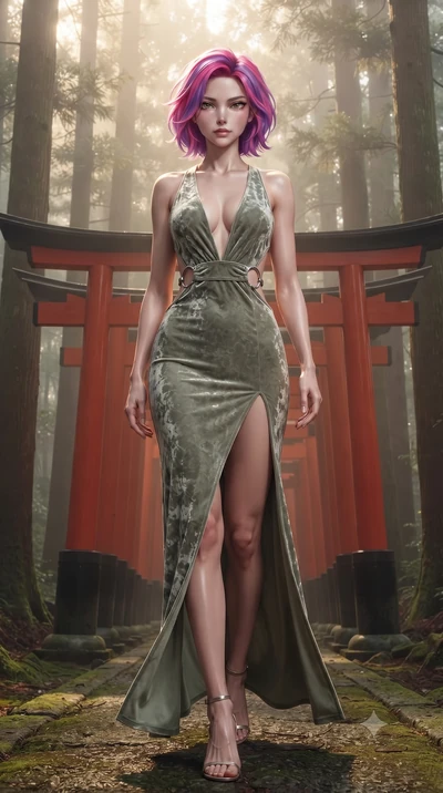 score_9, masterpiece, best quality, ultra-detailed, high-budget anime keyframe, editorial fashion photography, tasteful artistic composition, Caucasian woman. low angle full-body shot from head to toe showing her feet, filling the entire 9:16 vertica