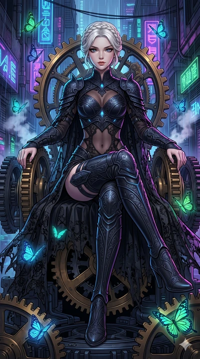 score_9, masterpiece, best quality, ultra-detailed, high-budget anime movie keyframe, cinematic anime lighting, intricate line art, Caucasian (strictly human ears) woman. Low angle cowboy shot filling the entire 9:16 frame with her statuesque presenc